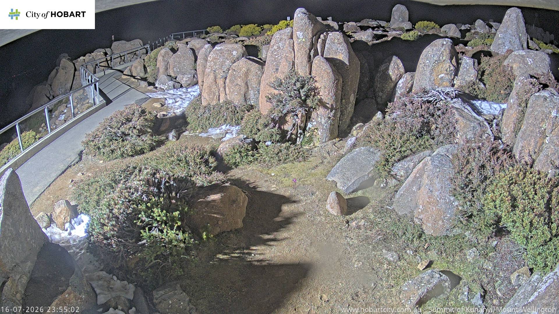 kunanyi / Mt Wellington Summit snow cam captured at 16 July 2026 at 11:55 pm AEST