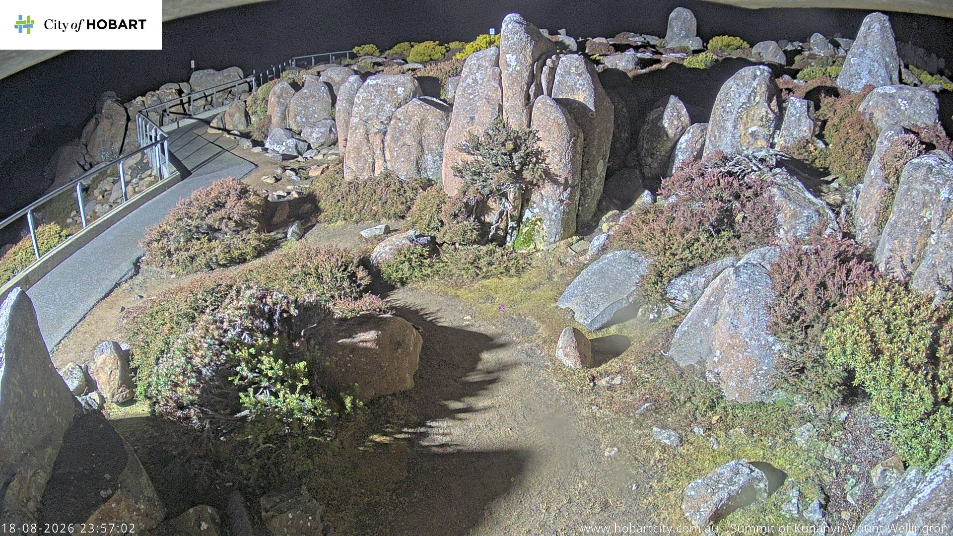 kunanyi / Mt Wellington Summit snow cam captured at 18 August 2026 at 11:57 pm AEST