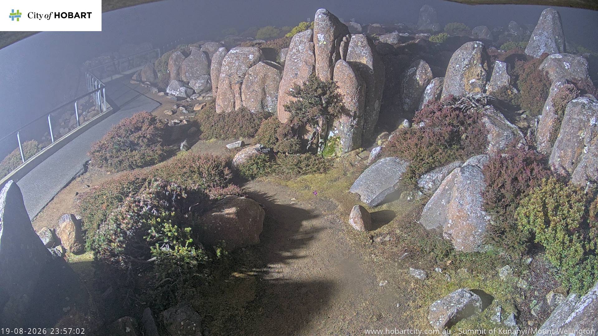 kunanyi / Mt Wellington Summit snow cam captured at 19 August 2026 at 11:57 pm AEST