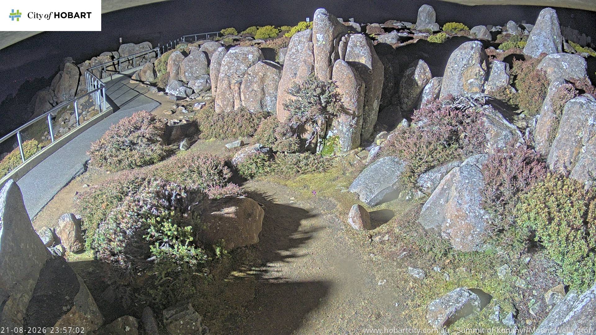 kunanyi / Mt Wellington Summit snow cam captured at 21 August 2026 at 11:57 pm AEST