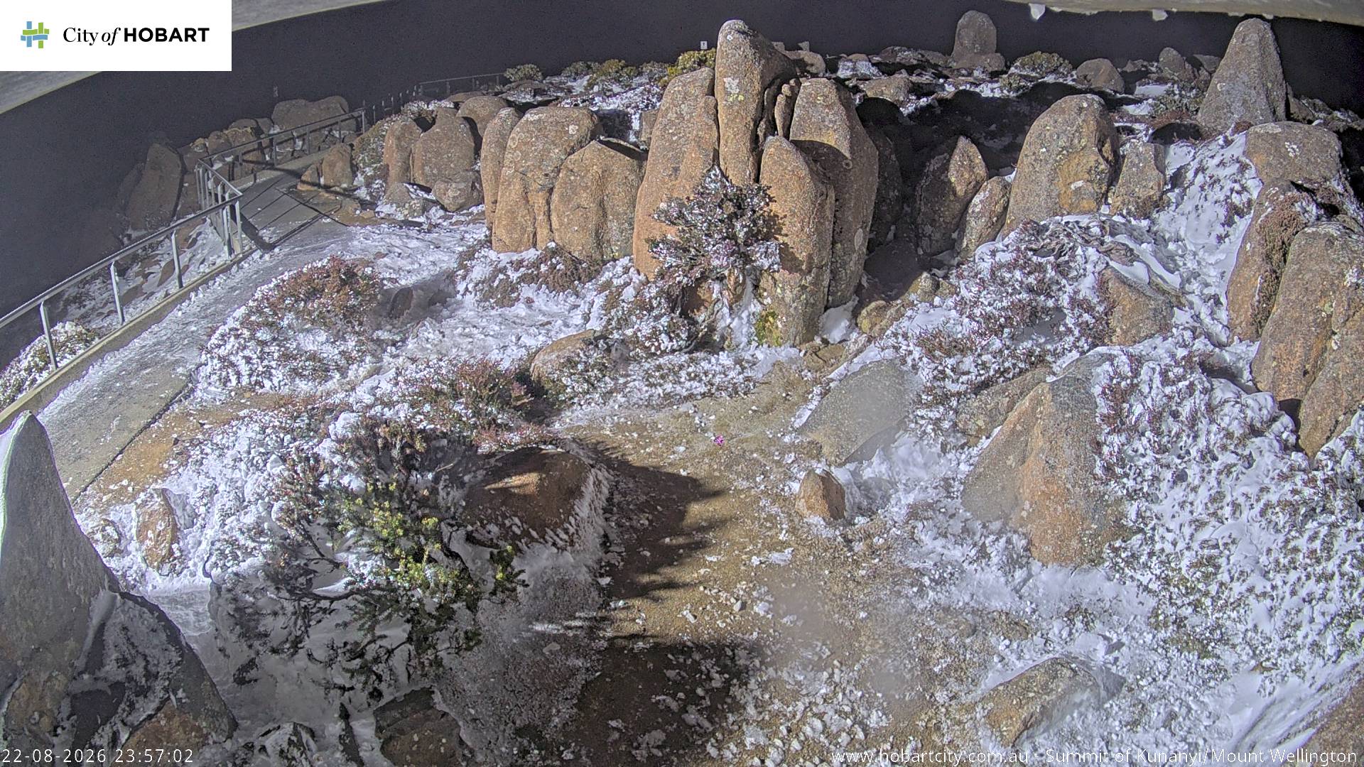 kunanyi / Mt Wellington Summit snow cam captured at 22 August 2026 at 11:57 pm AEST