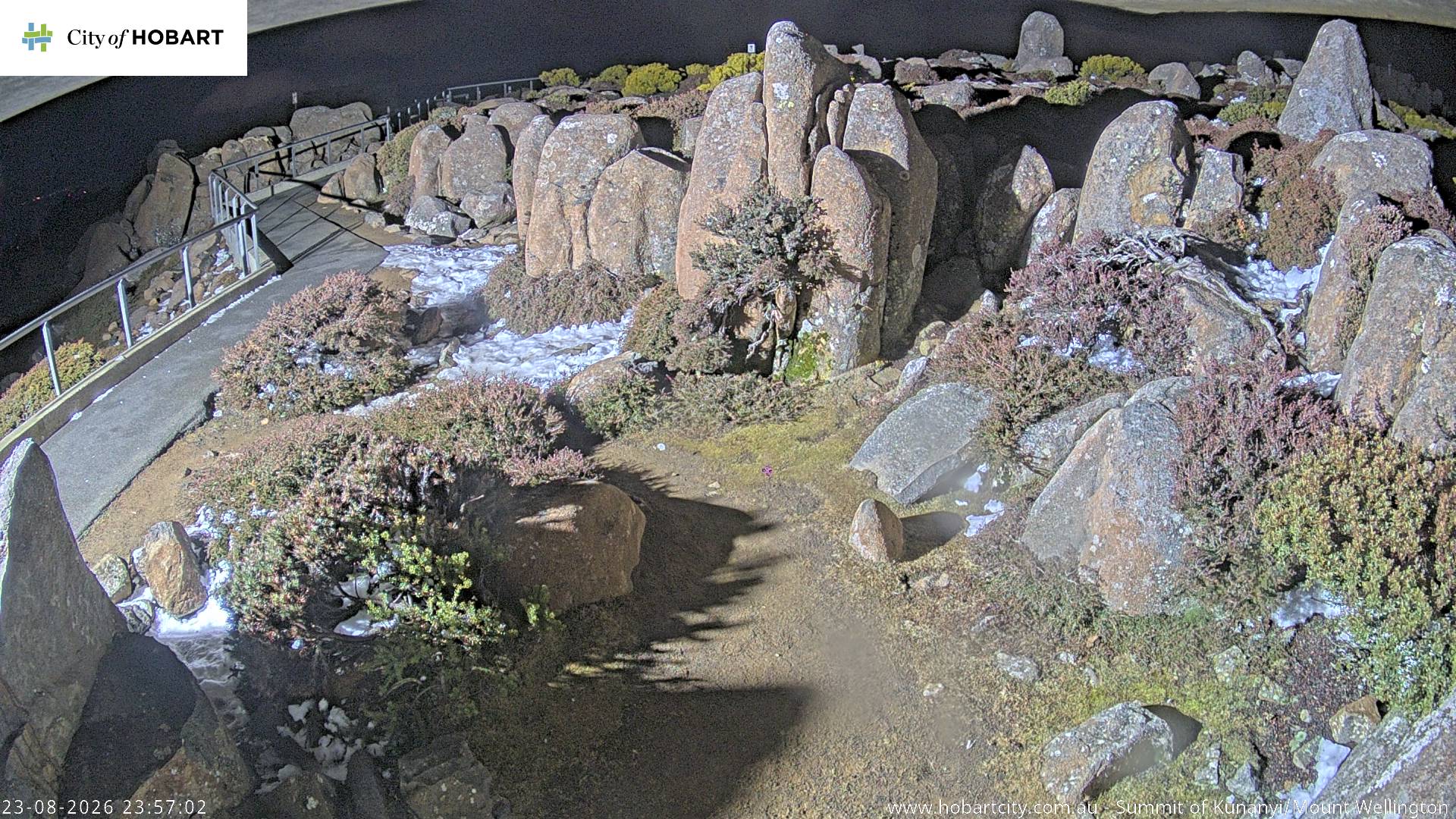 kunanyi / Mt Wellington Summit snow cam captured at 23 August 2026 at 11:57 pm AEST