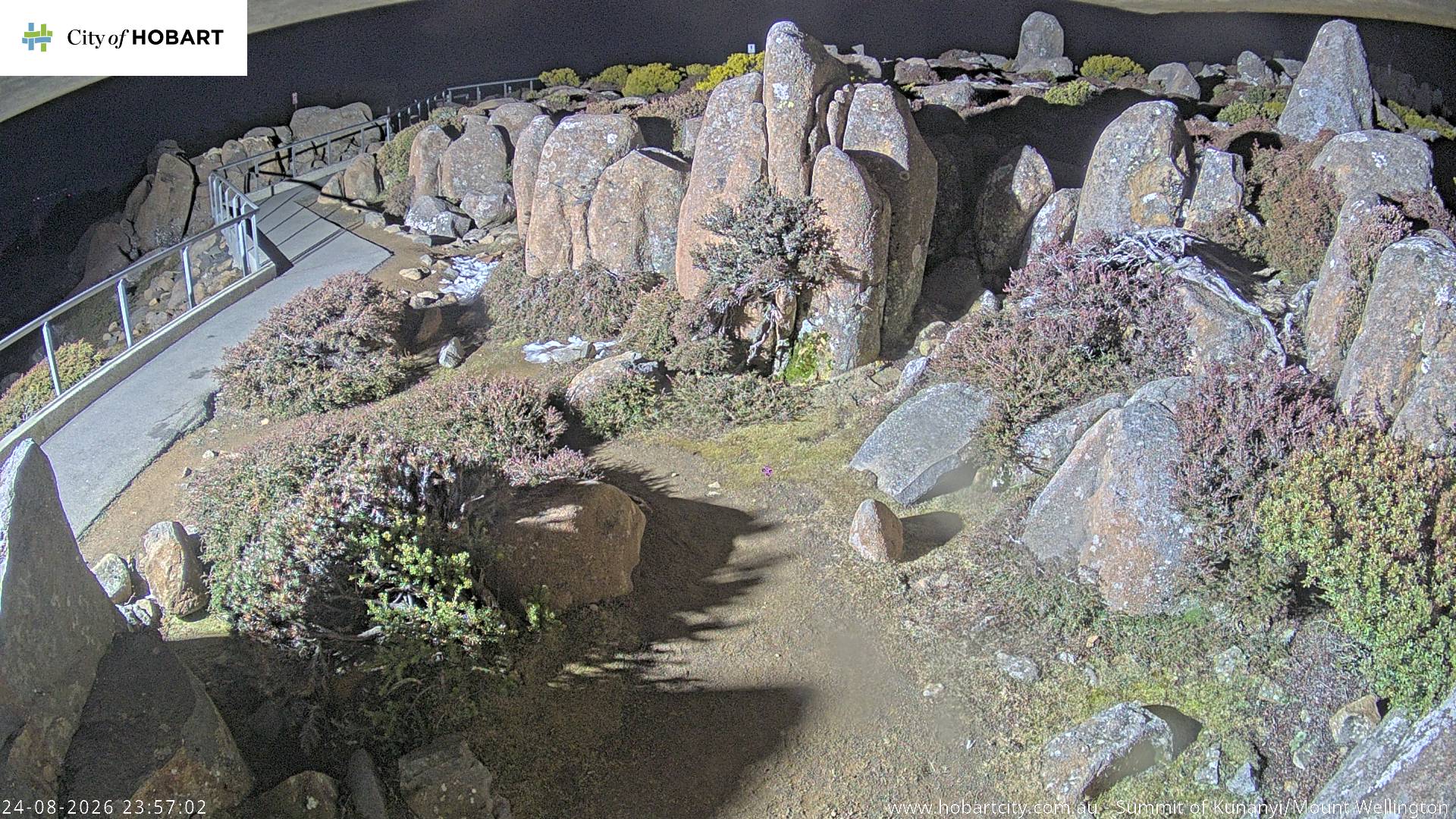 kunanyi / Mt Wellington Summit snow cam captured at 24 August 2026 at 11:57 pm AEST