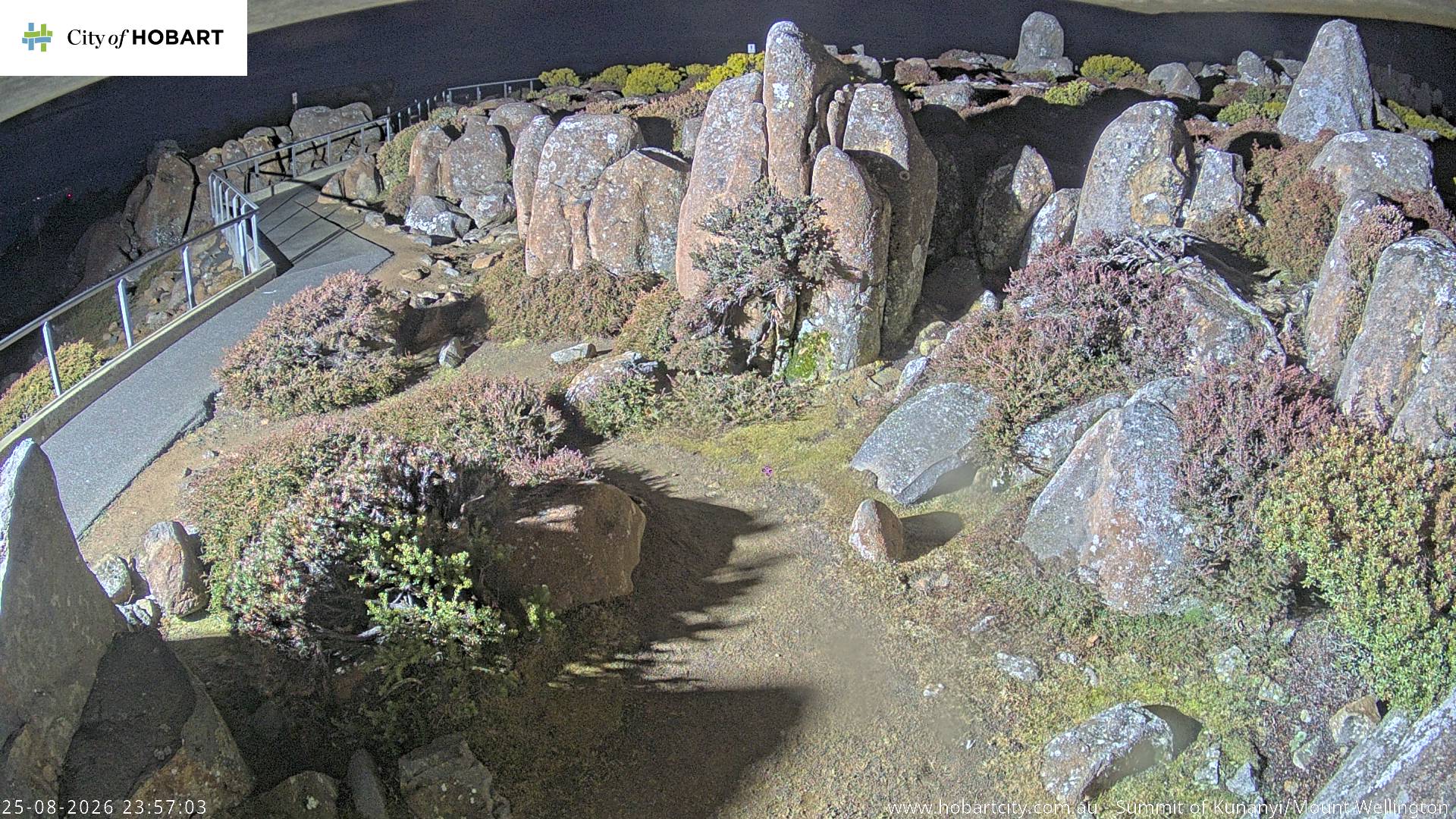 kunanyi / Mt Wellington Summit snow cam captured at 25 August 2026 at 11:57 pm AEST