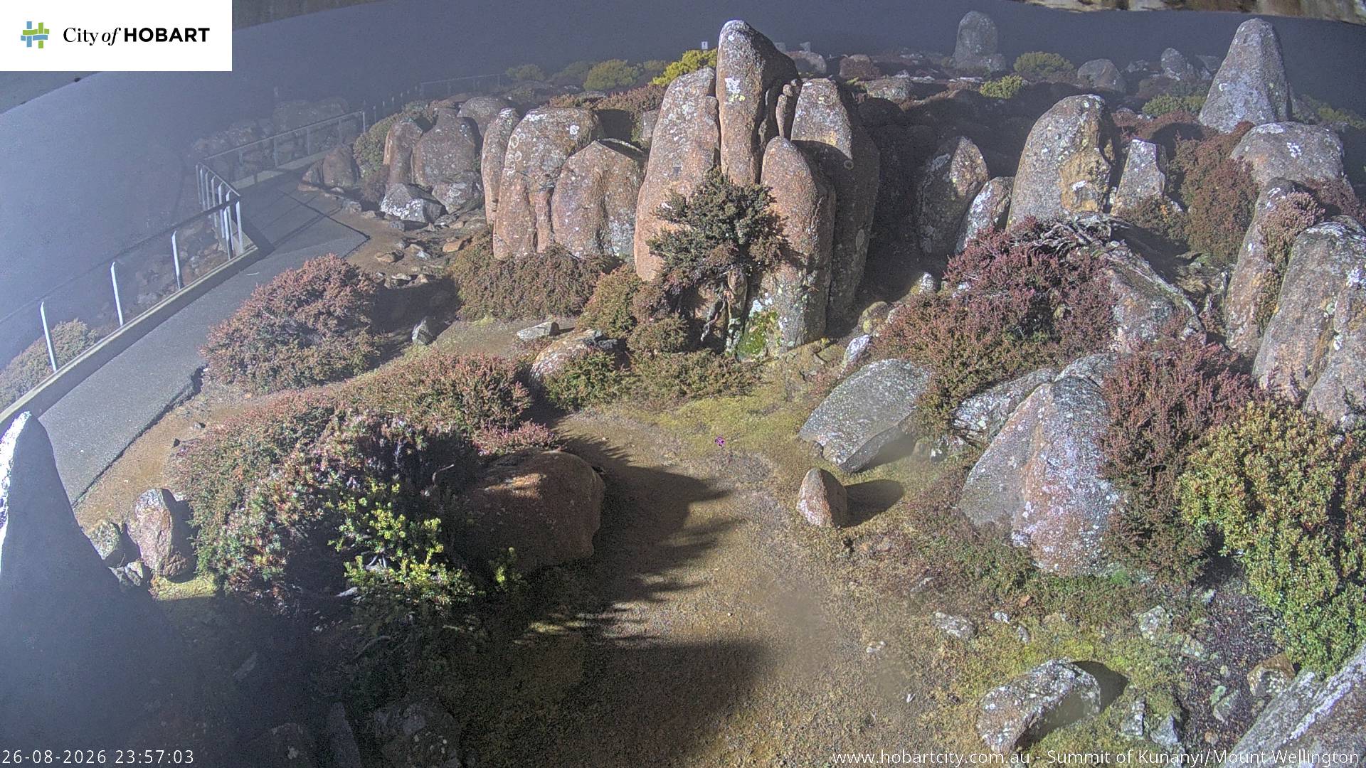kunanyi / Mt Wellington Summit snow cam captured at 26 August 2026 at 11:57 pm AEST