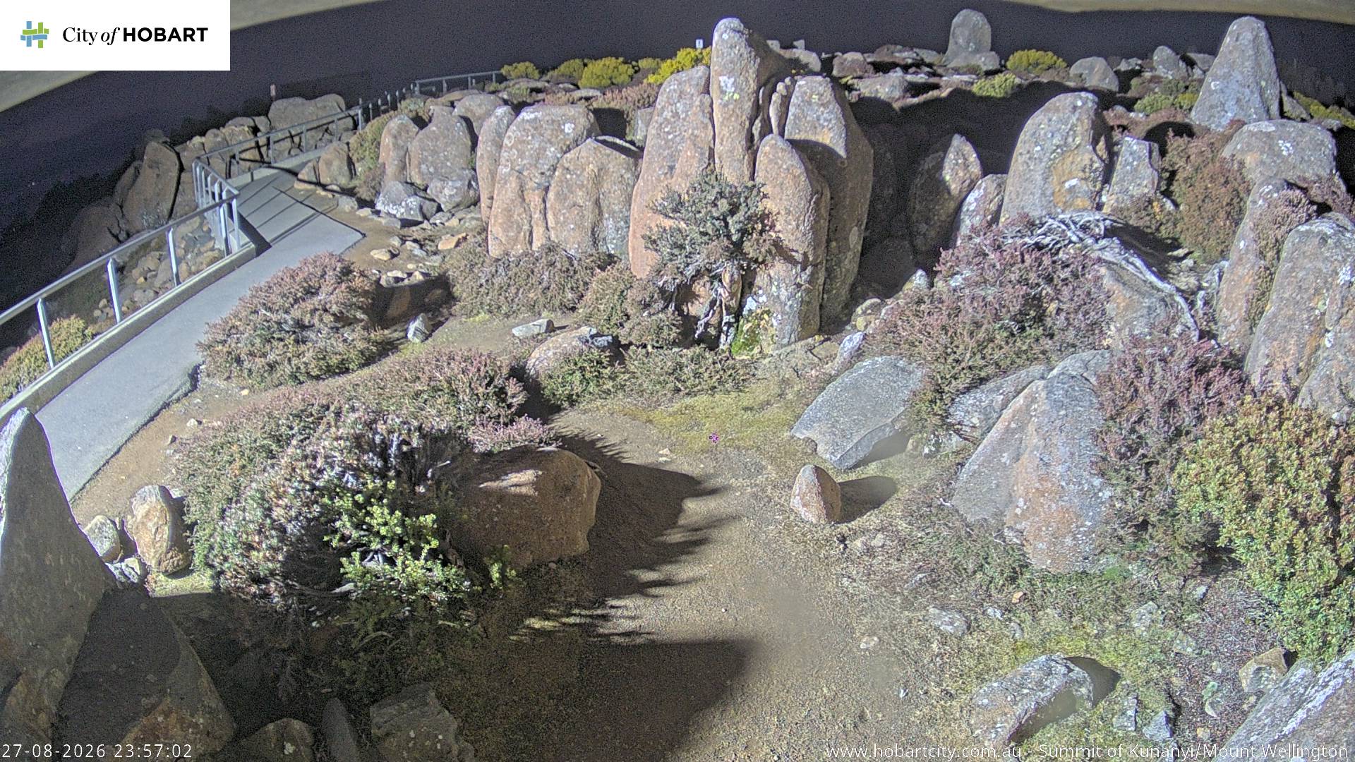 kunanyi / Mt Wellington Summit snow cam captured at 27 August 2026 at 11:57 pm AEST