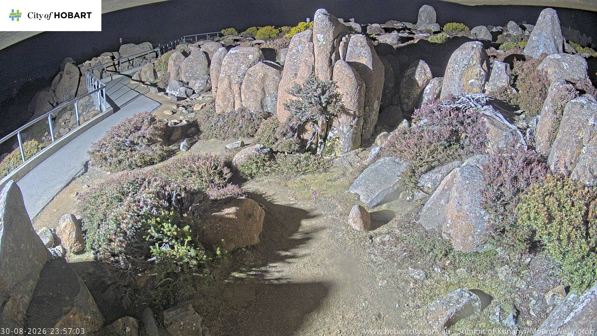 kunanyi / Mt Wellington Summit snow cam captured at 30 August 2026 at 11:57 pm AEST