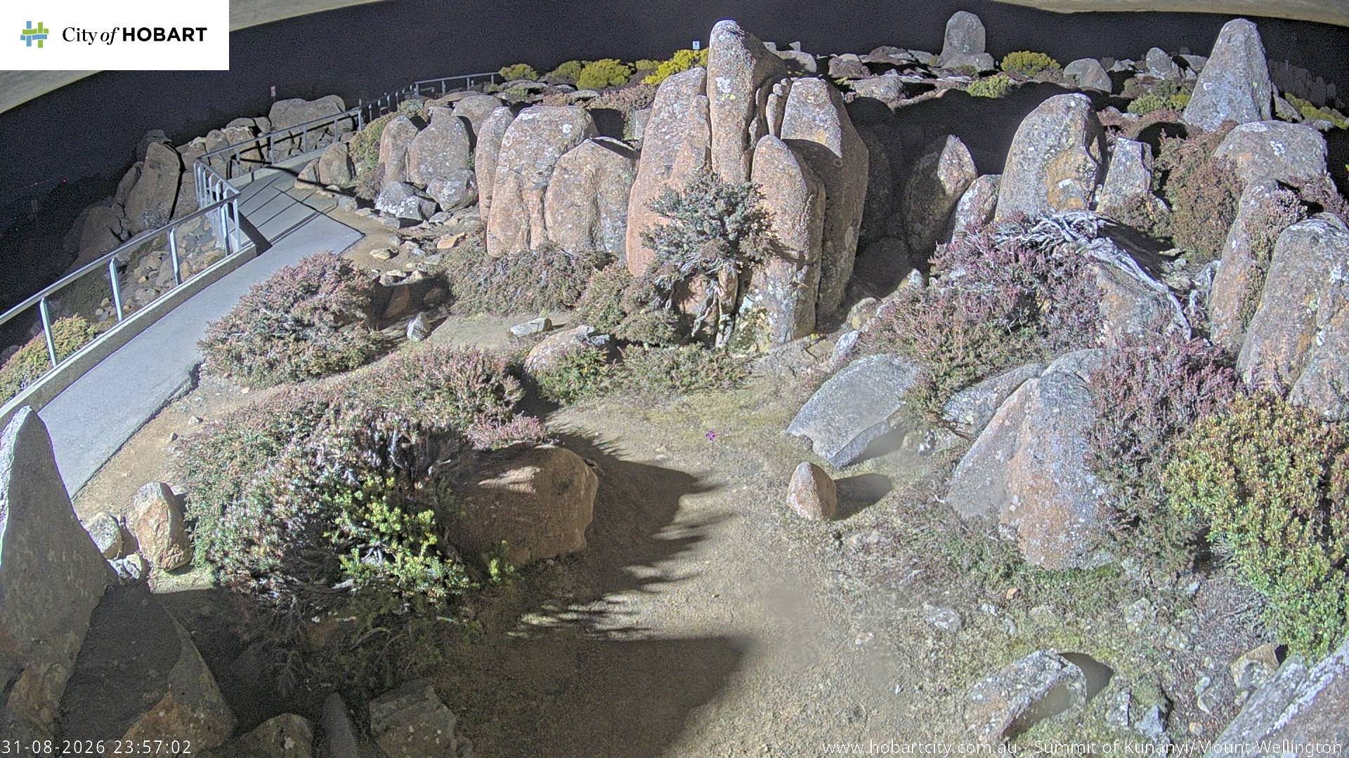 kunanyi / Mt Wellington Summit snow cam captured at 31 August 2026 at 11:57 pm AEST