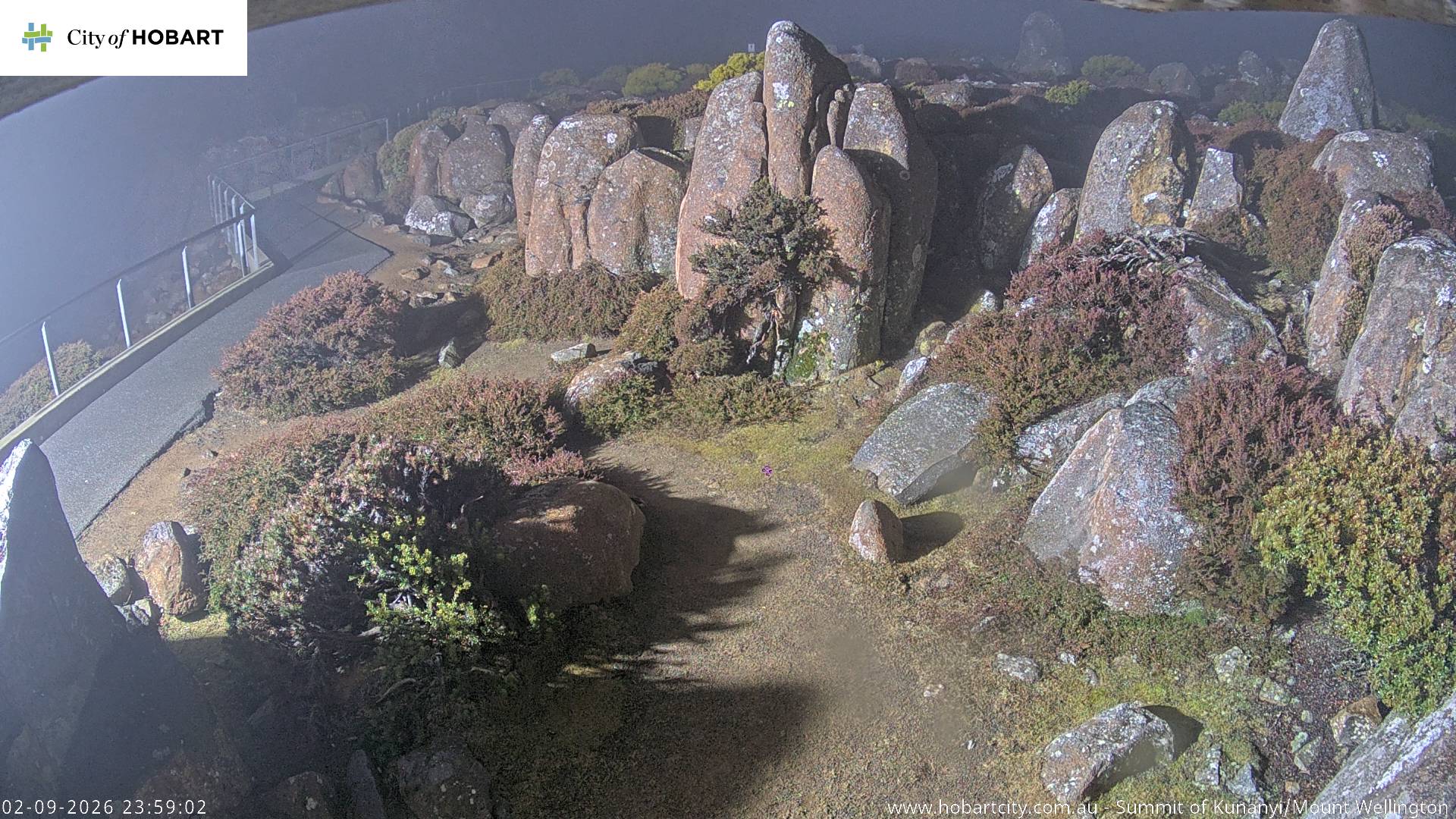 kunanyi / Mt Wellington Summit snow cam captured at 2 September 2026 at 11:59 pm AEST