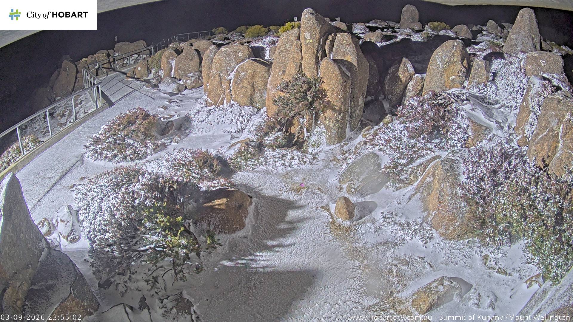 kunanyi / Mt Wellington Summit snow cam captured at 3 September 2026 at 11:55 pm AEST