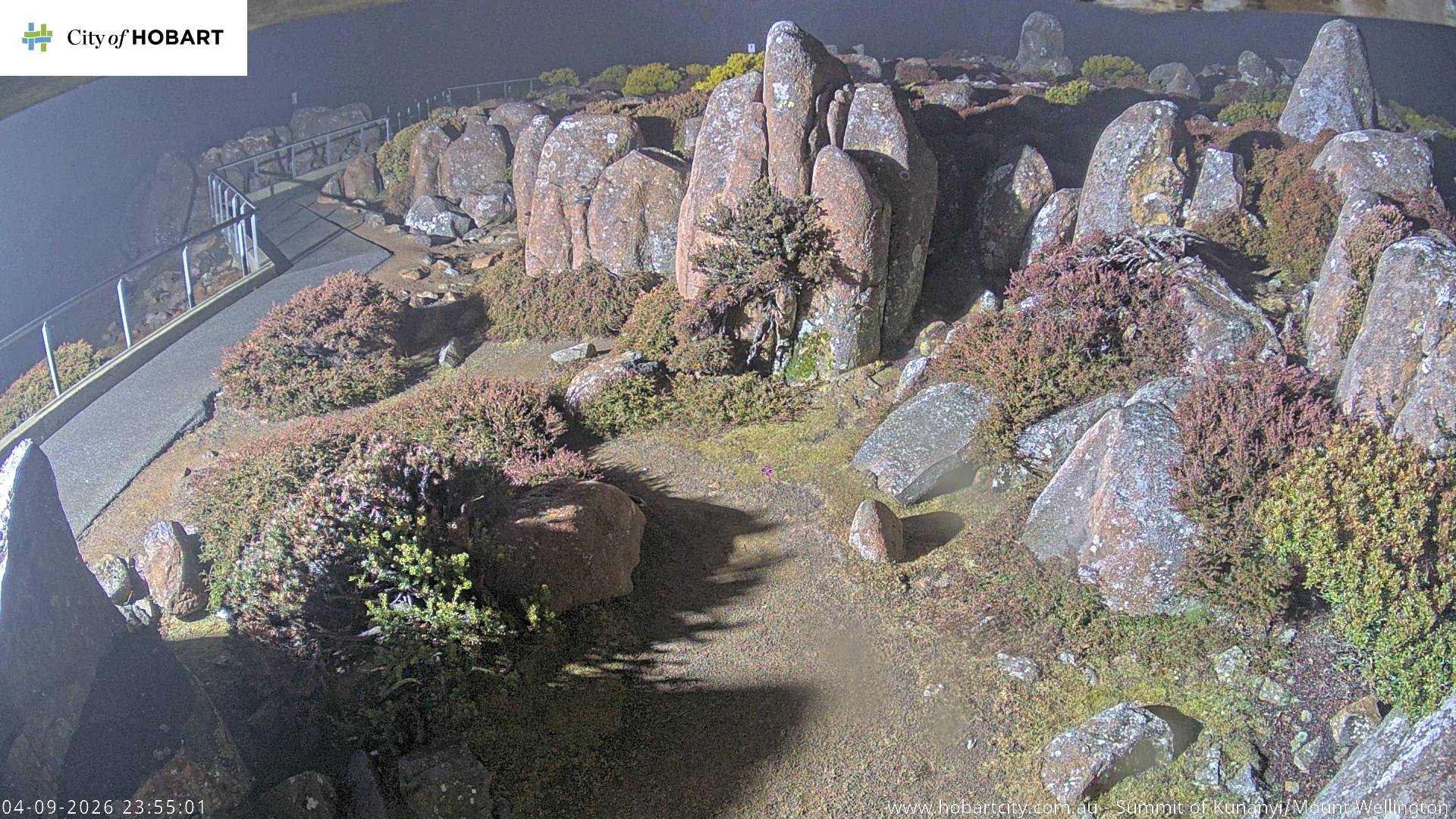 kunanyi / Mt Wellington Summit snow cam captured at 4 September 2026 at 11:56 pm AEST