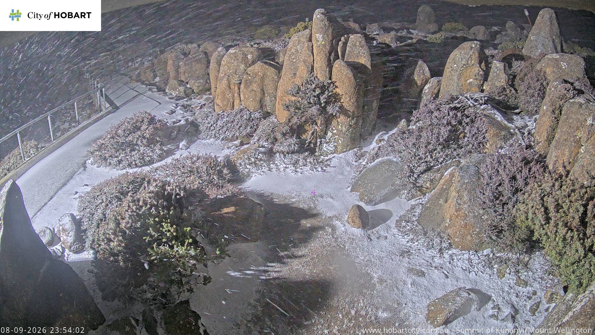 kunanyi / Mt Wellington Summit snow cam captured at 8 September 2026 at 11:54 pm AEST