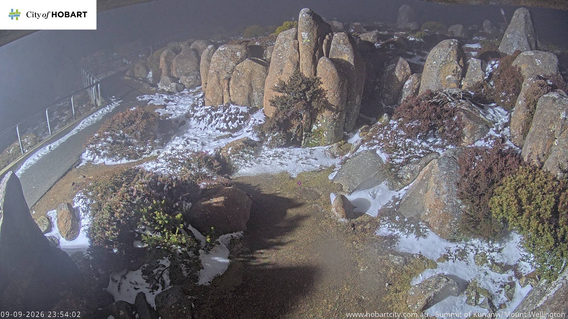 kunanyi / Mt Wellington Summit snow cam captured at 9 September 2026 at 11:54 pm AEST