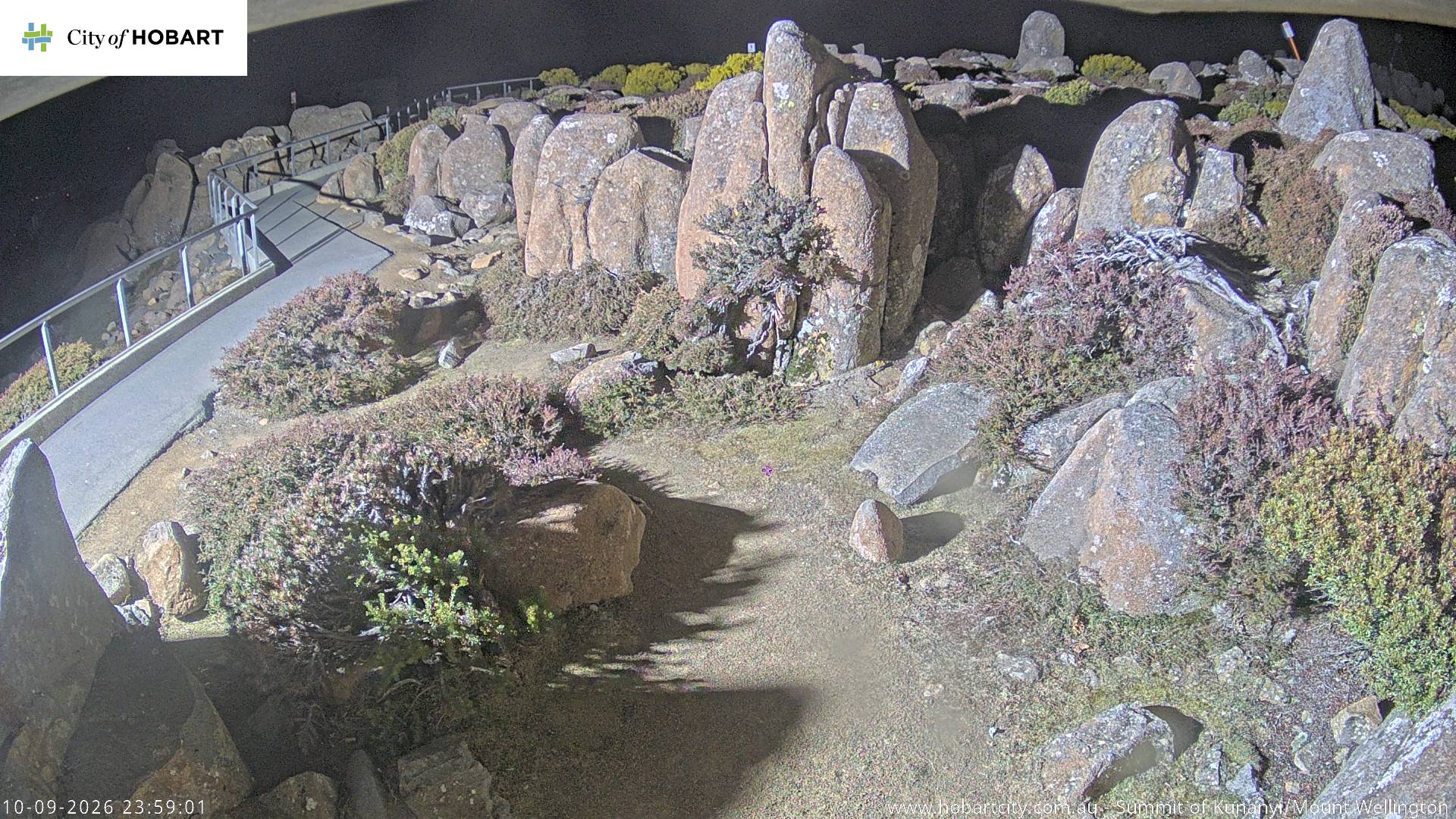 kunanyi / Mt Wellington Summit snow cam captured at 10 September 2026 at 11:59 pm AEST