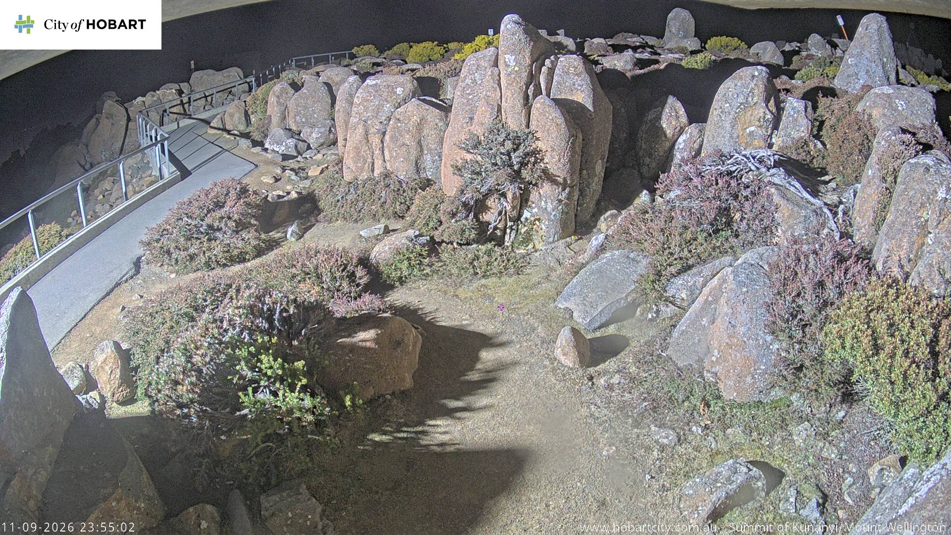 kunanyi / Mt Wellington Summit snow cam captured at 11 September 2026 at 11:55 pm AEST