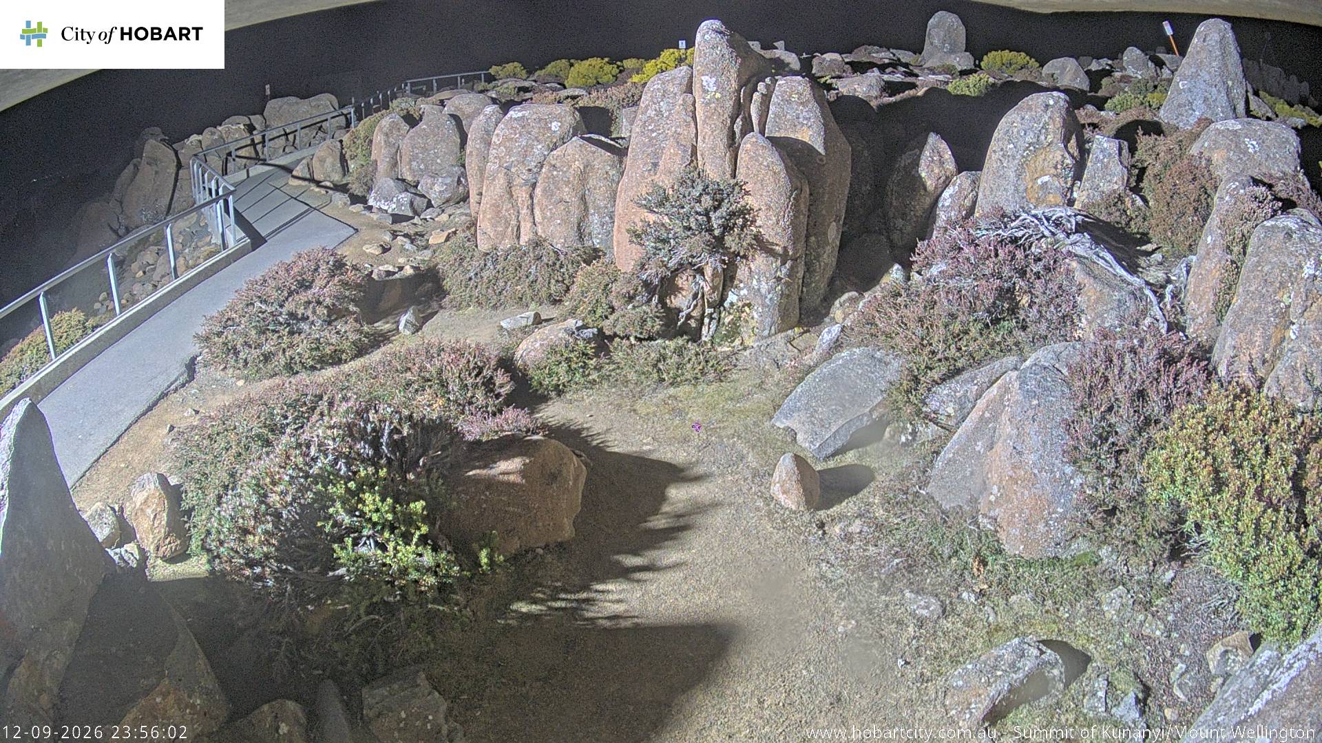 kunanyi / Mt Wellington Summit snow cam captured at 12 September 2026 at 11:56 pm AEST