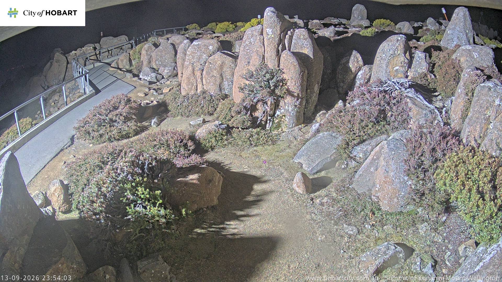 kunanyi / Mt Wellington Summit snow cam captured at 13 September 2026 at 11:54 pm AEST