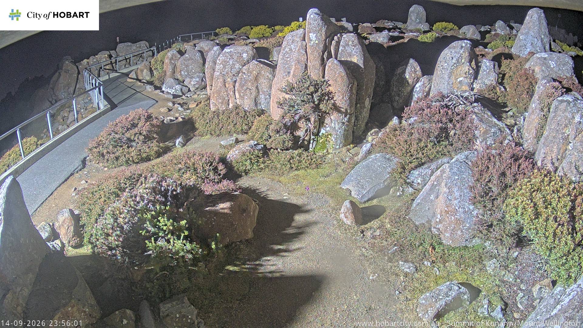 kunanyi / Mt Wellington Summit snow cam captured at 14 September 2026 at 11:56 pm AEST