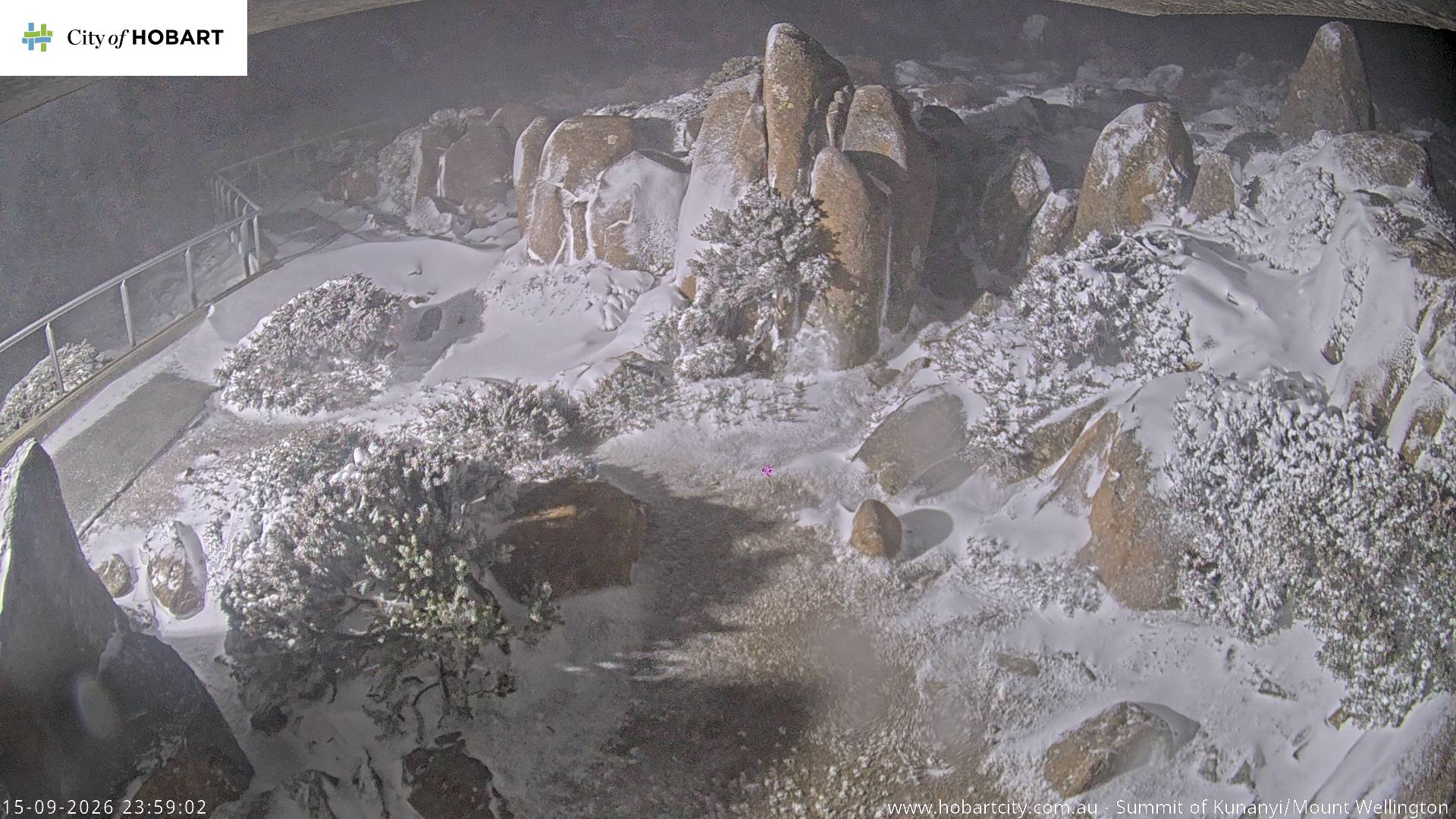 kunanyi / Mt Wellington Summit snow cam captured at 15 September 2026 at 11:59 pm AEST