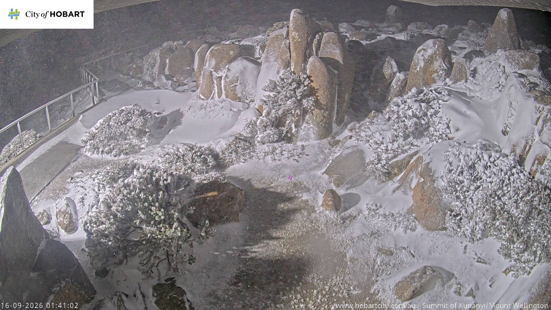 kunanyi / Mt Wellington Summit snow cam captured at 16 September 2026 at 1:41 am AEST