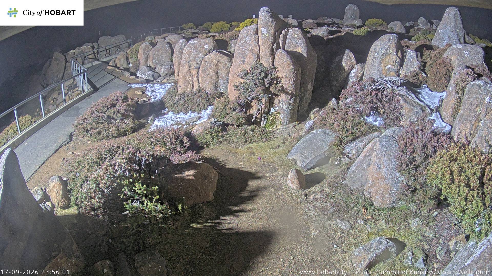 kunanyi / Mt Wellington Summit snow cam captured at 17 September 2026 at 11:56 pm AEST