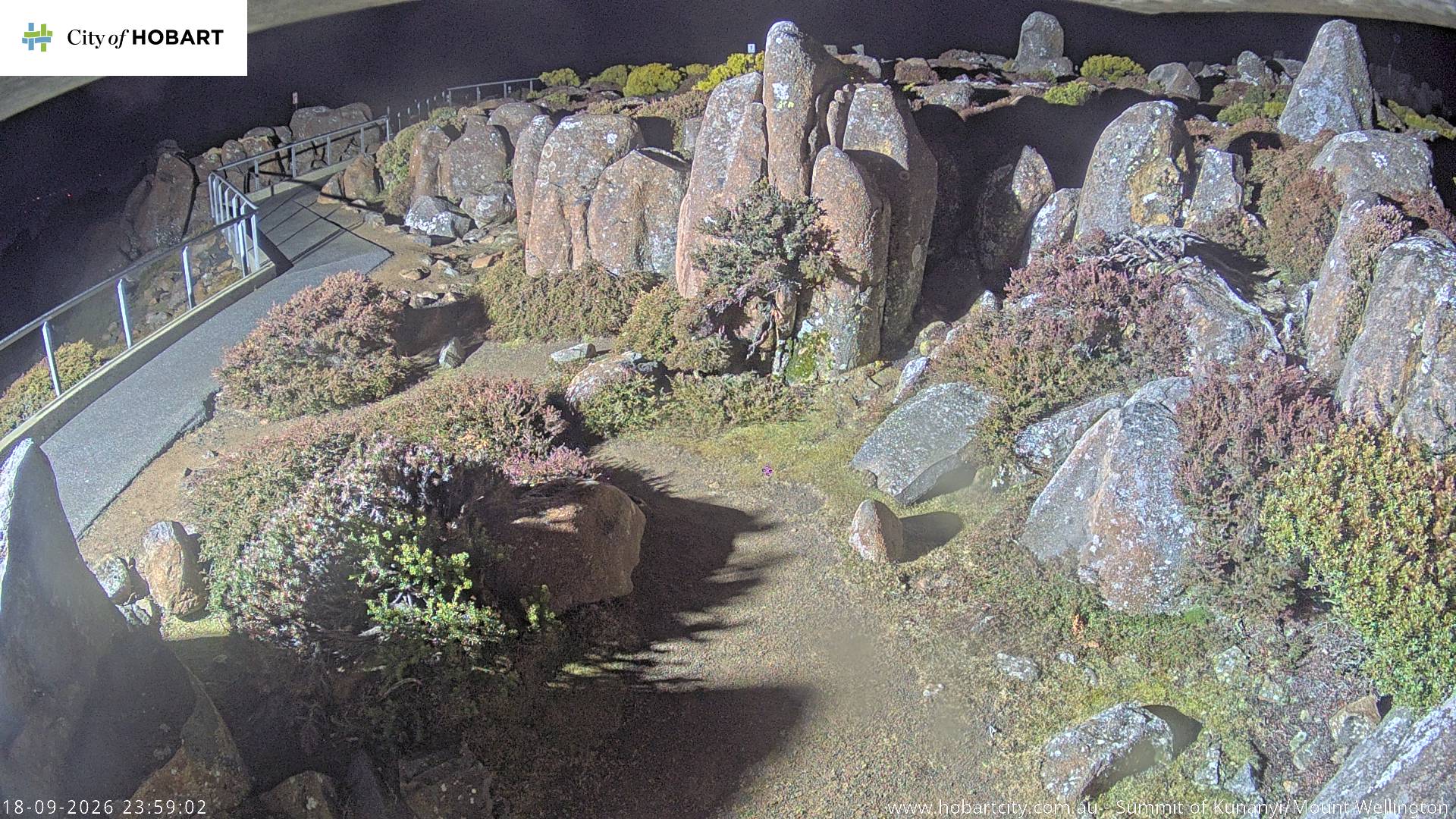kunanyi / Mt Wellington Summit snow cam captured at 18 September 2026 at 11:59 pm AEST