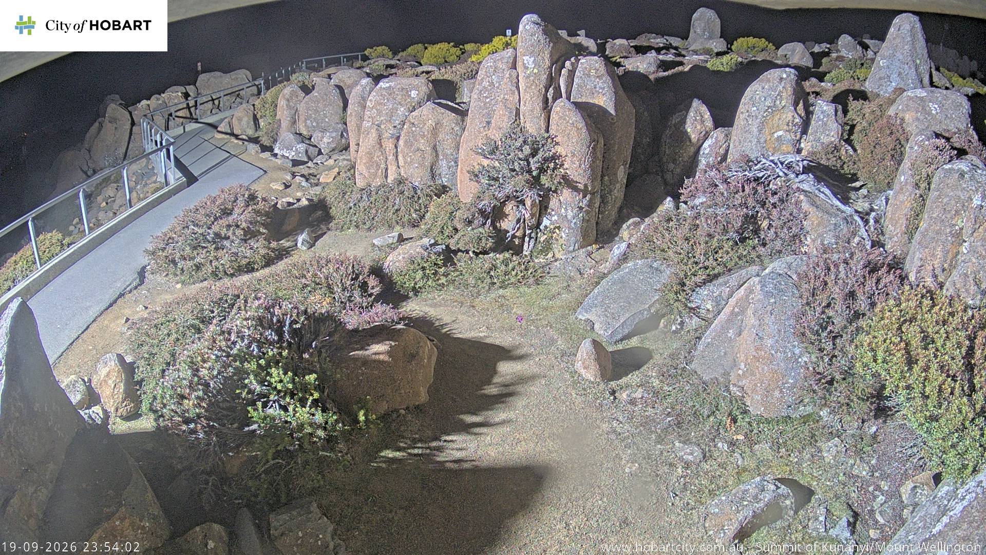 kunanyi / Mt Wellington Summit snow cam captured at 19 September 2026 at 11:54 pm AEST