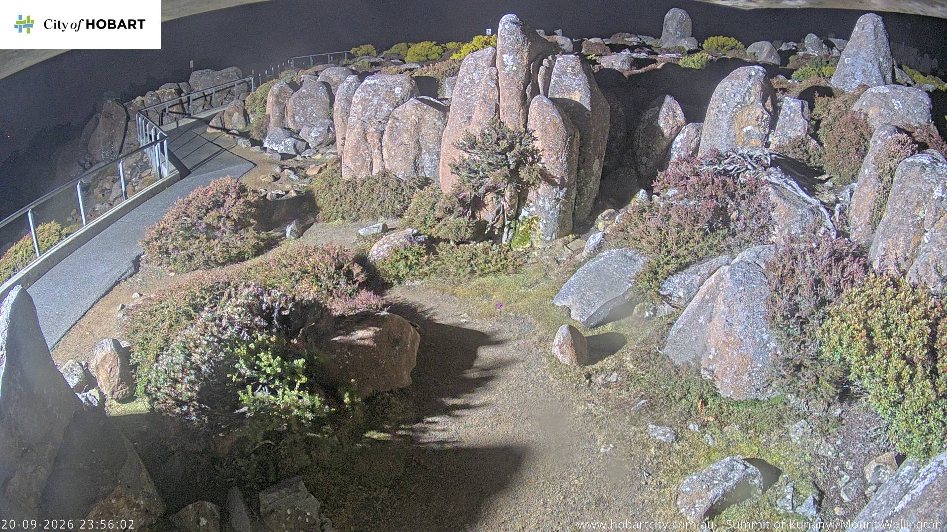 kunanyi / Mt Wellington Summit snow cam captured at 20 September 2026 at 11:56 pm AEST