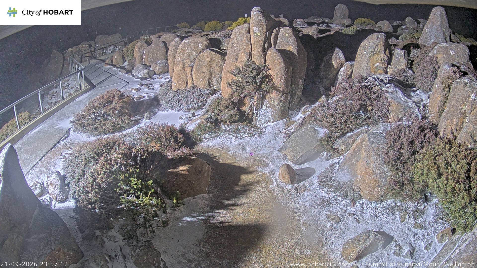 kunanyi / Mt Wellington Summit snow cam captured at 21 September 2026 at 11:57 pm AEST