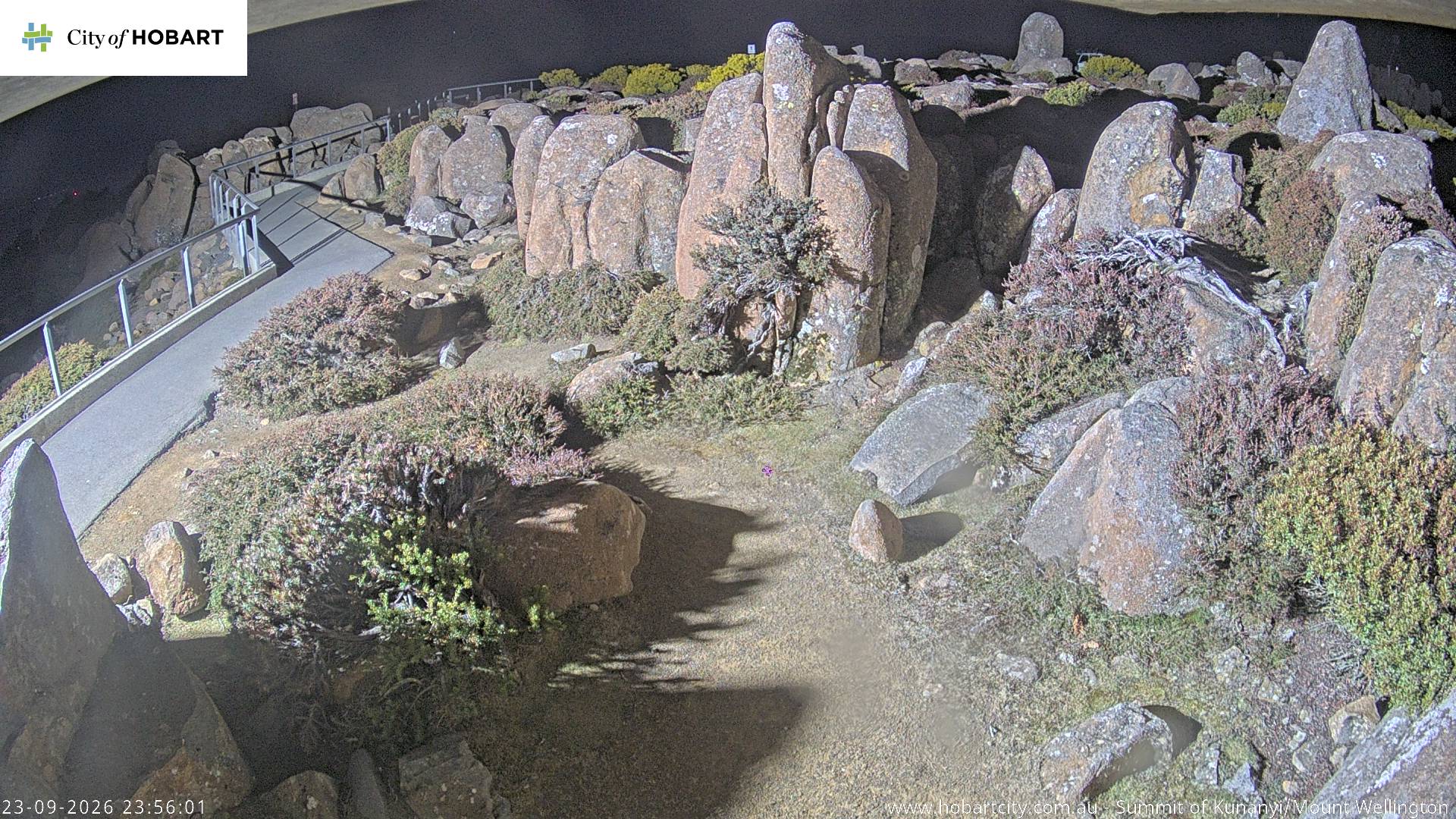 kunanyi / Mt Wellington Summit snow cam captured at 23 September 2026 at 11:56 pm AEST