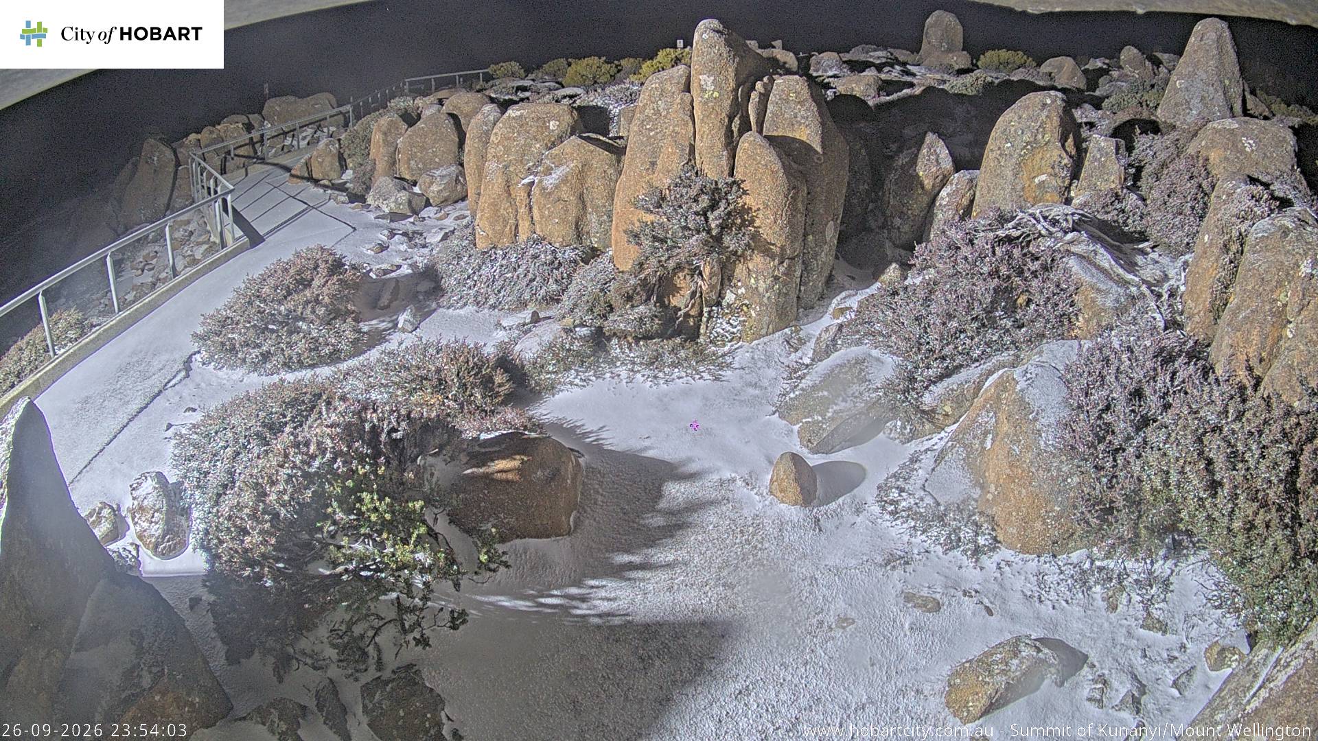 kunanyi / Mt Wellington Summit snow cam captured at 26 September 2026 at 11:54 pm AEST