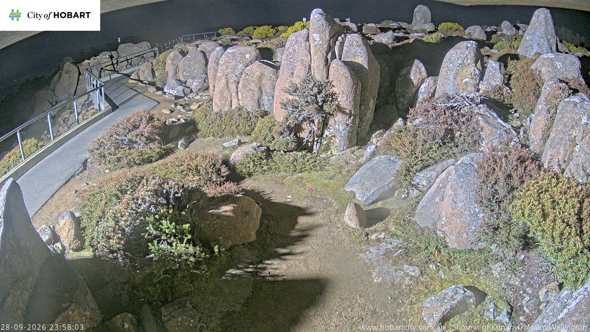 kunanyi / Mt Wellington Summit snow cam captured at 28 September 2026 at 11:58 pm AEST