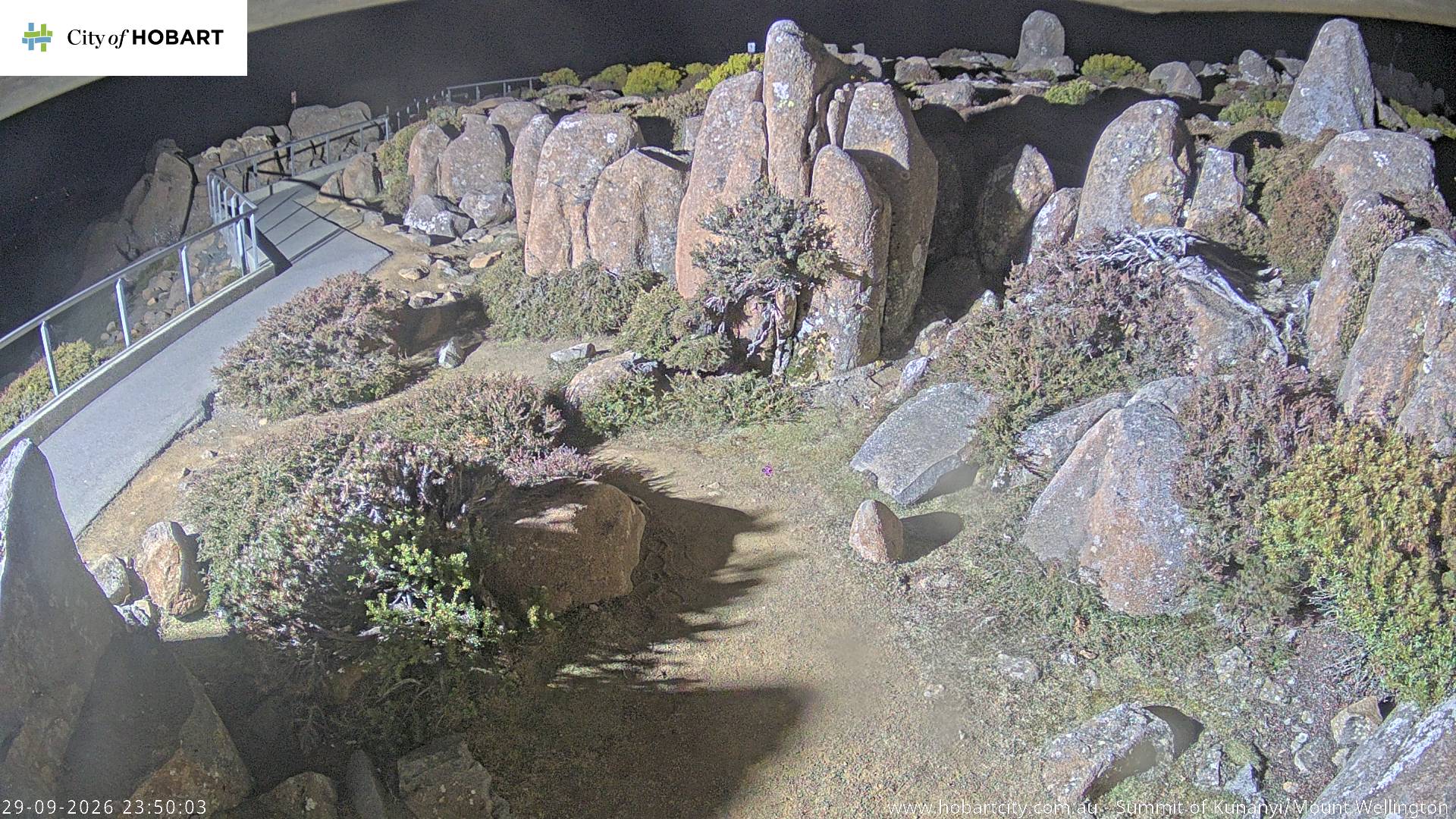 kunanyi / Mt Wellington Summit snow cam captured at 29 September 2026 at 11:51 pm AEST