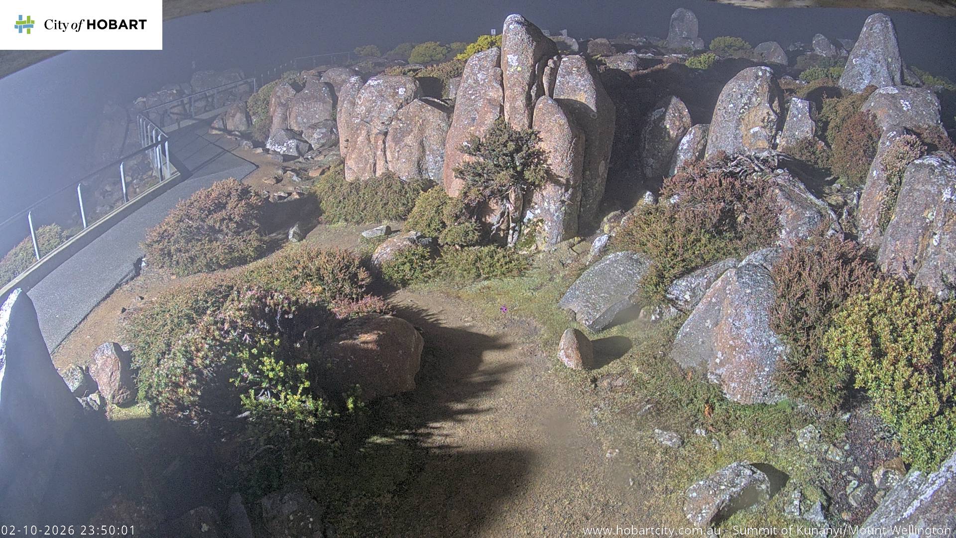 kunanyi / Mt Wellington Summit snow cam captured at 2 October 2026 at 11:50 pm AEST