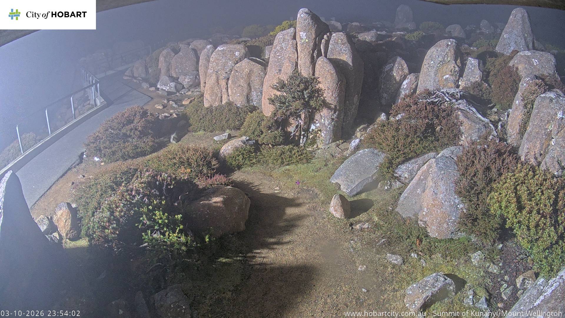 kunanyi / Mt Wellington Summit snow cam captured at 3 October 2026 at 11:54 pm AEST