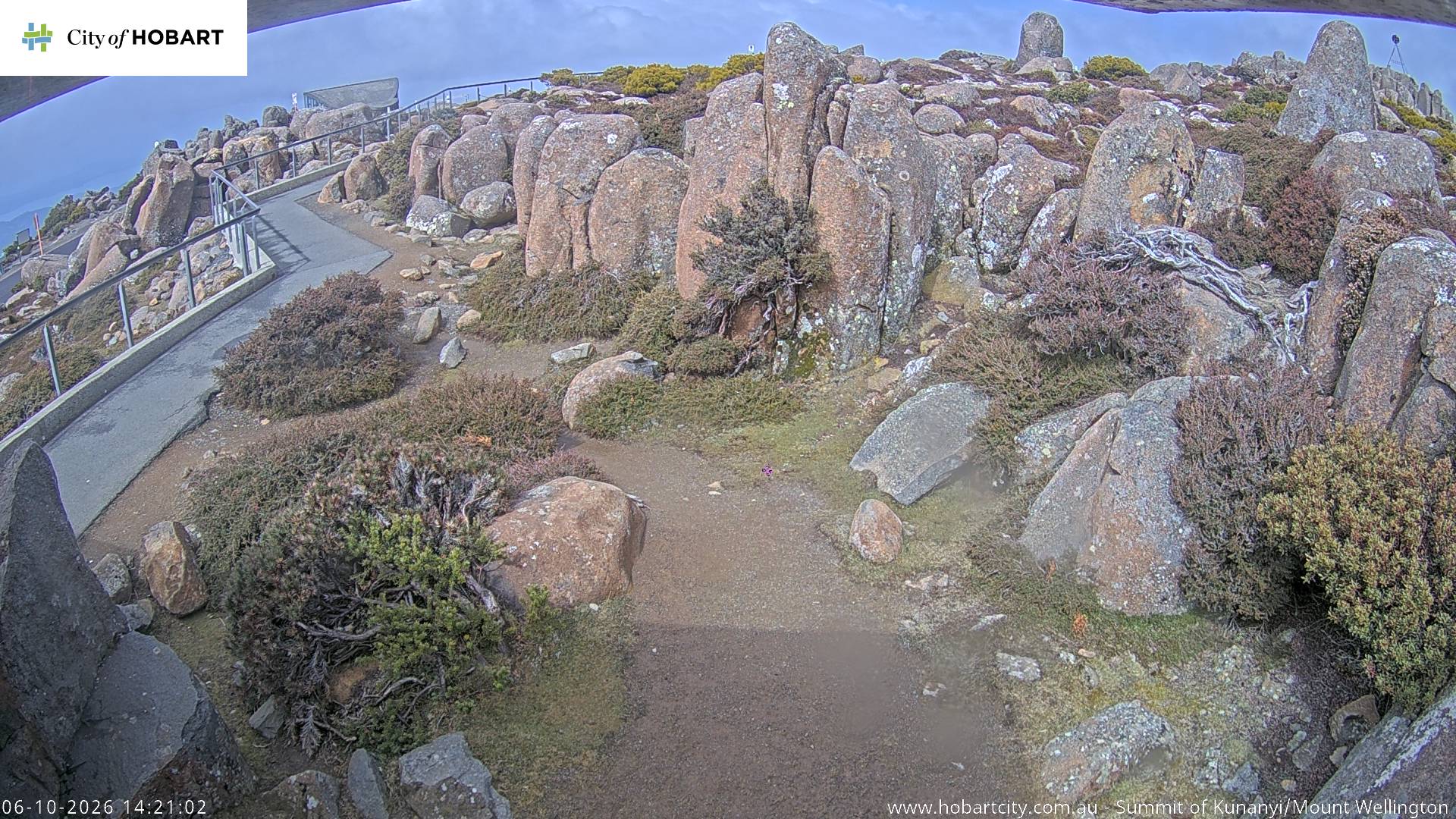 kunanyi / Mt Wellington Summit snow cam captured at 6 October 2026 at 2:21 pm AEDT