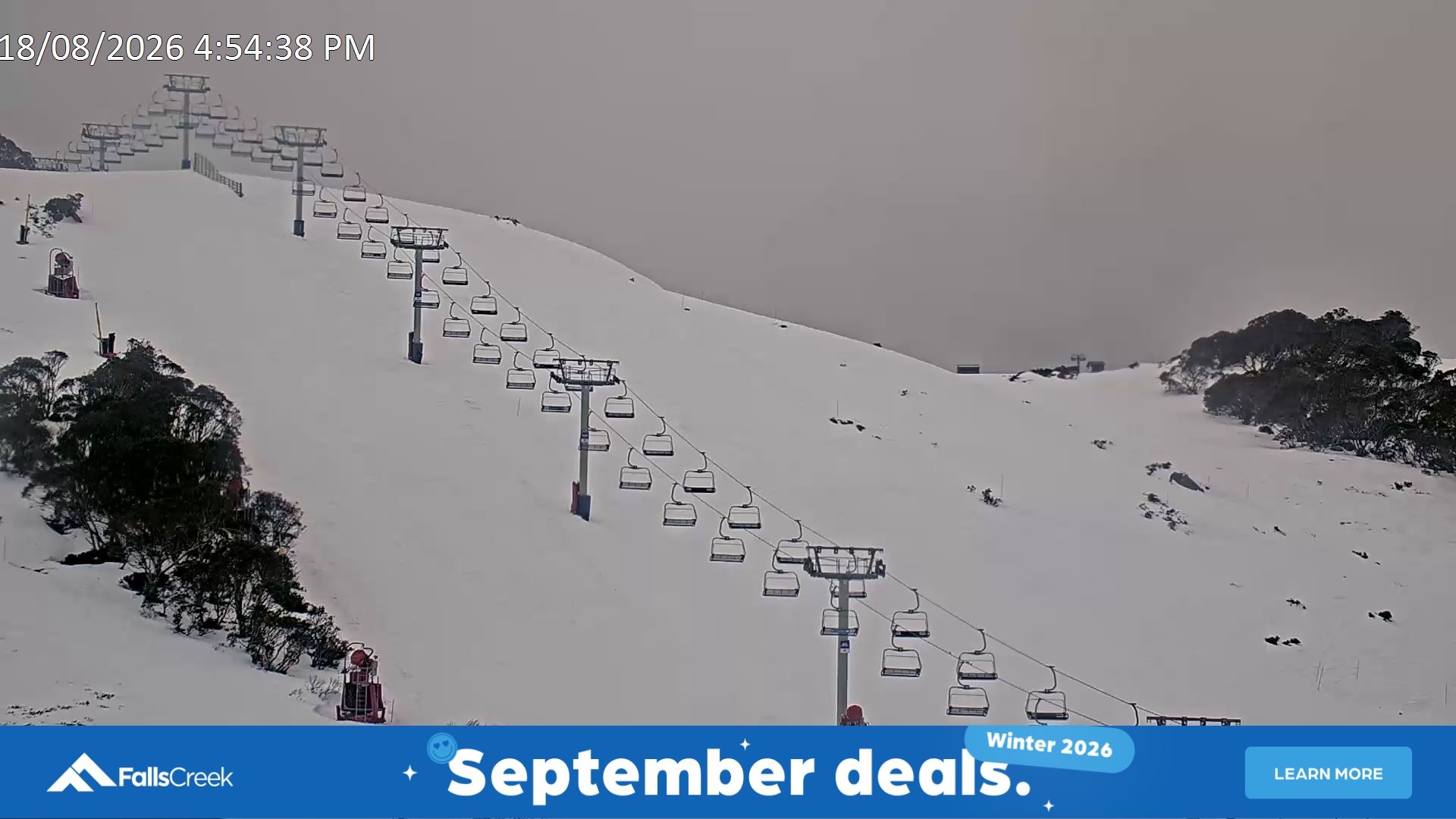 Falls Creek Scott Chair (Top) snow cam captured at 18 August 2026 at 5:00 pm AEST