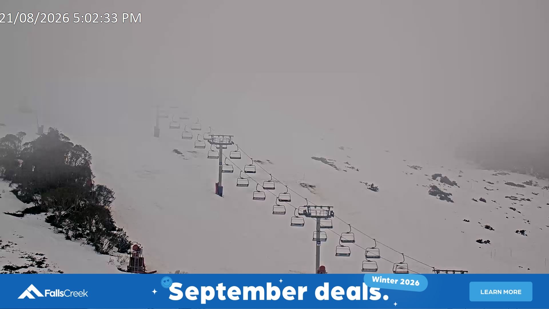 Falls Creek Scott Chair (Top) snow cam captured at 21 August 2026 at 5:16 pm AEST