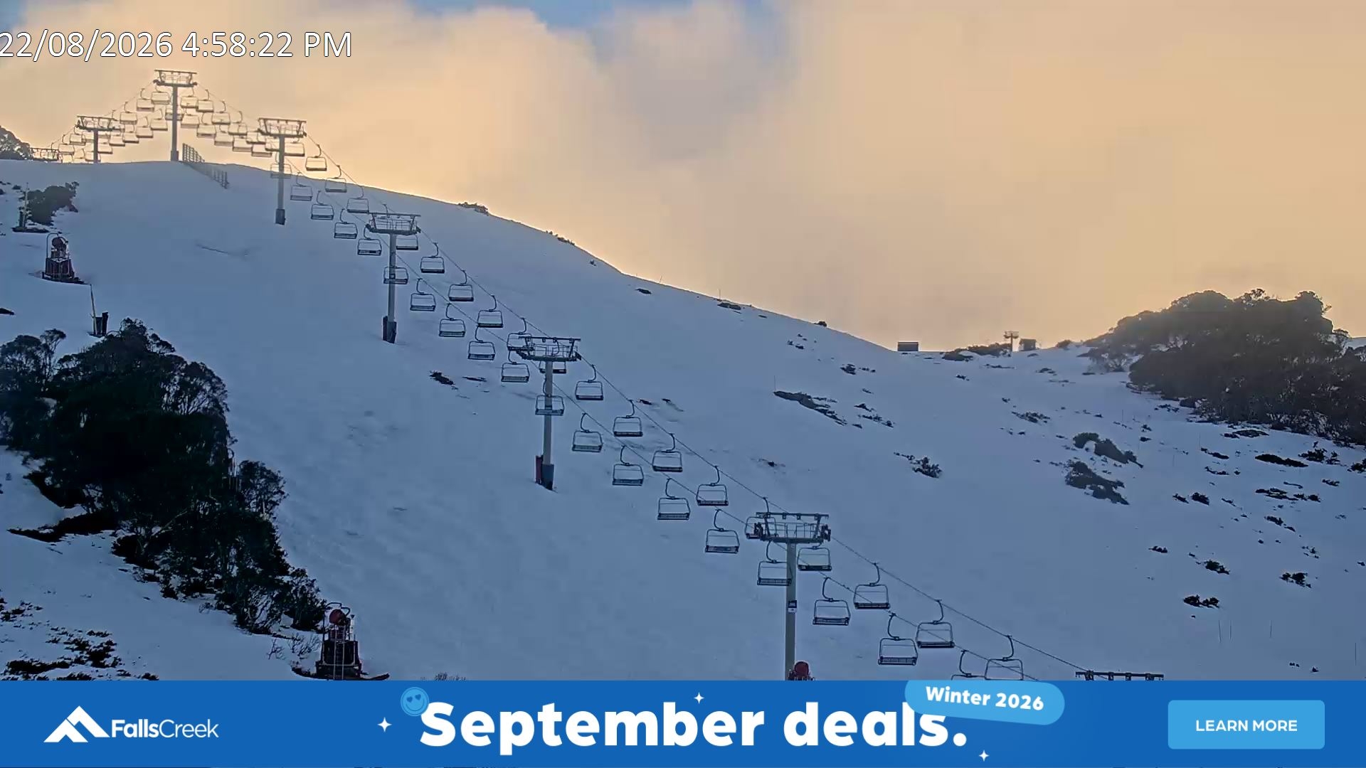 Falls Creek Scott Chair (Top) snow cam captured at 22 August 2026 at 5:06 pm AEST