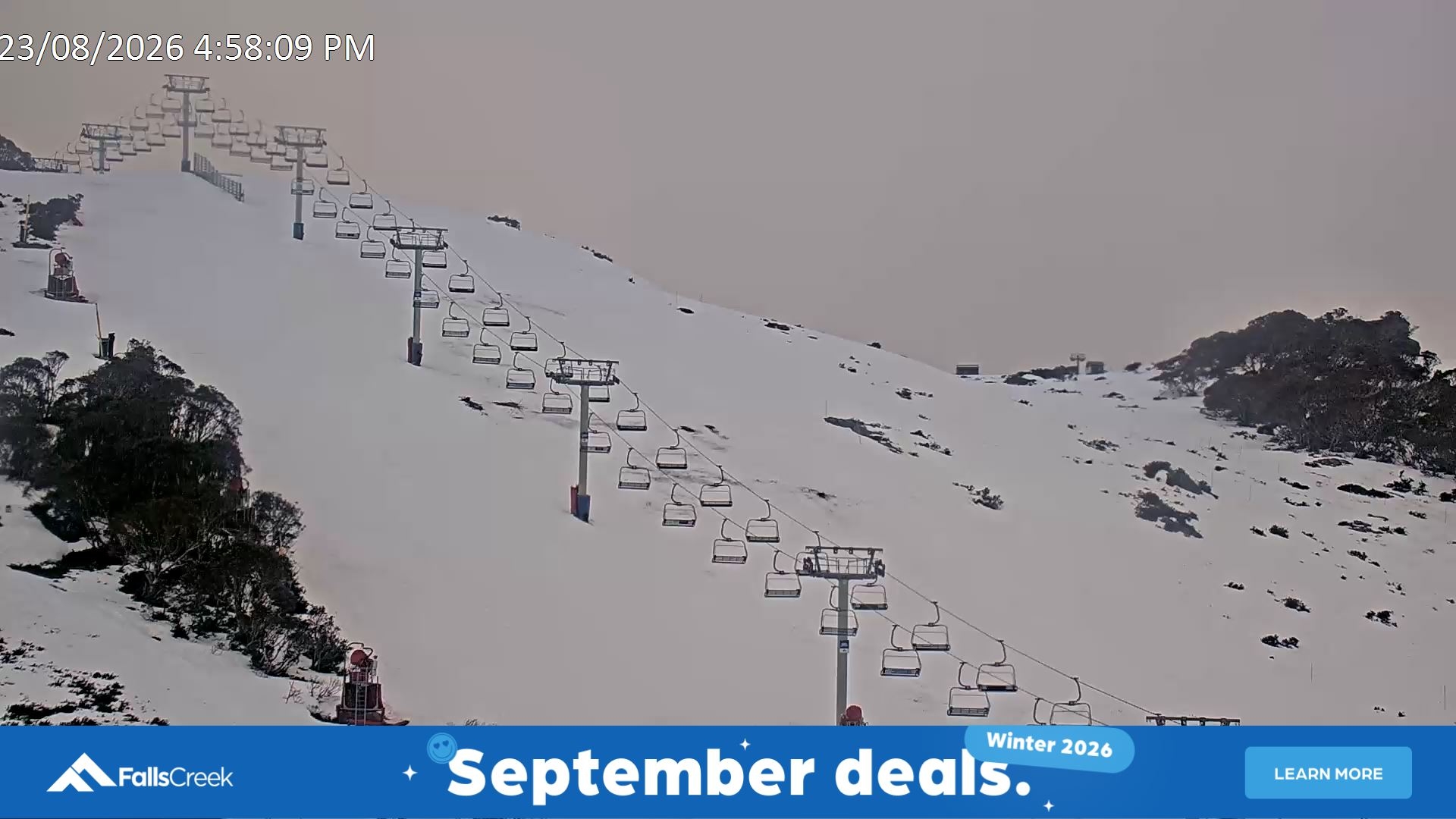 Falls Creek Scott Chair (Top) snow cam captured at 23 August 2026 at 5:07 pm AEST