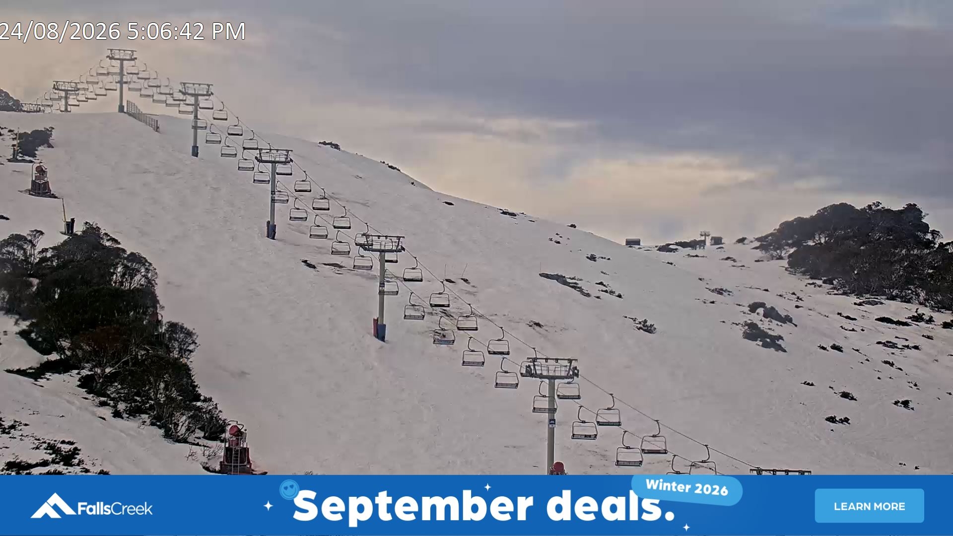 Falls Creek Scott Chair (Top) snow cam captured at 24 August 2026 at 5:19 pm AEST