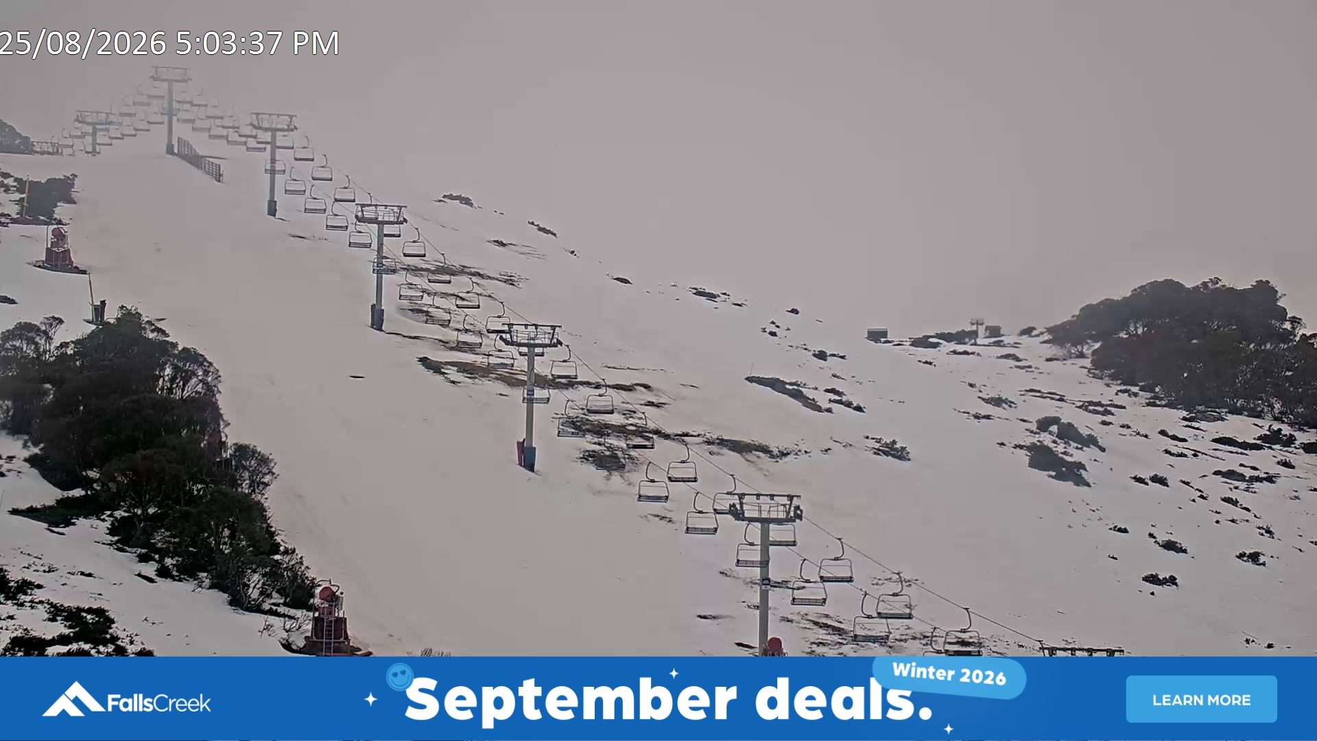 Falls Creek Scott Chair (Top) snow cam captured at 25 August 2026 at 5:20 pm AEST