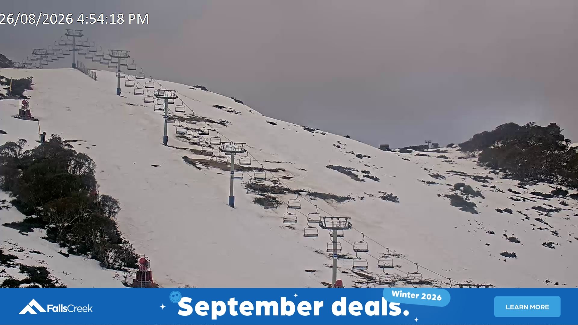 Falls Creek Scott Chair (Top) snow cam captured at 26 August 2026 at 5:00 pm AEST