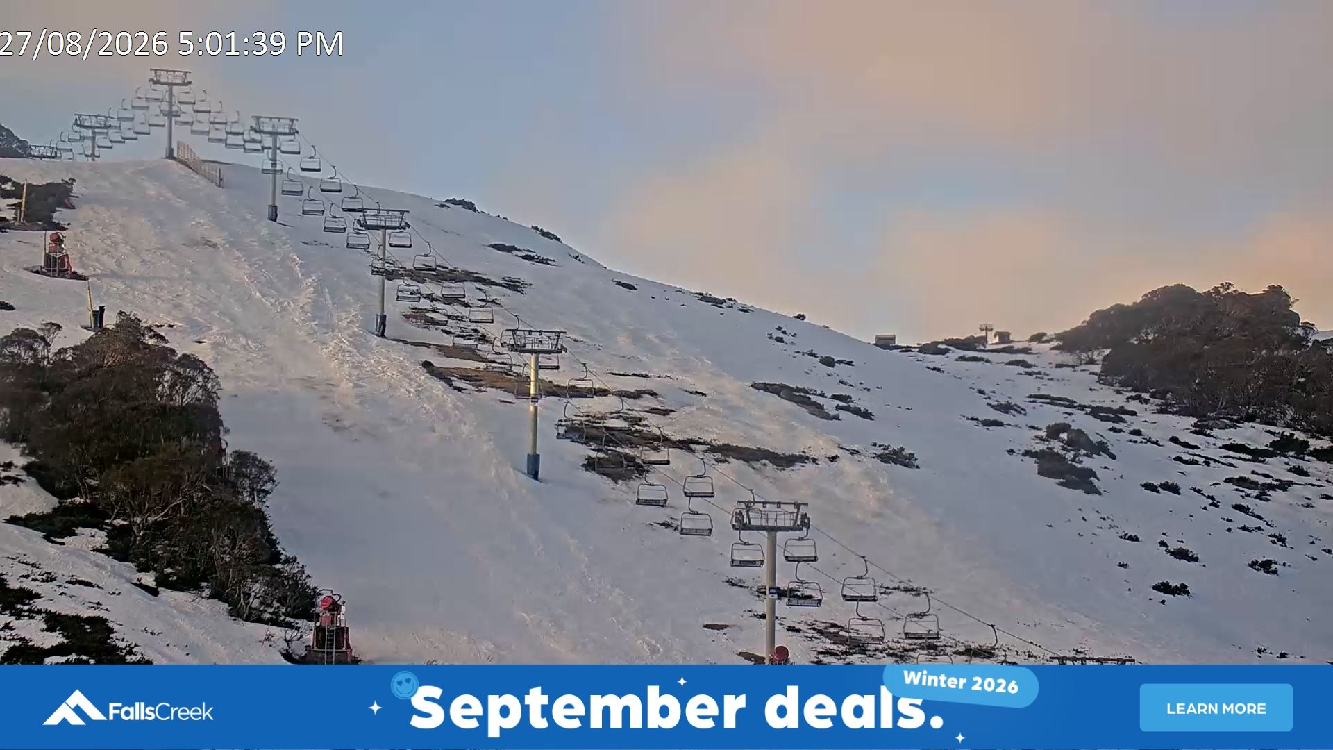 Falls Creek Scott Chair (Top) snow cam captured at 27 August 2026 at 5:12 pm AEST
