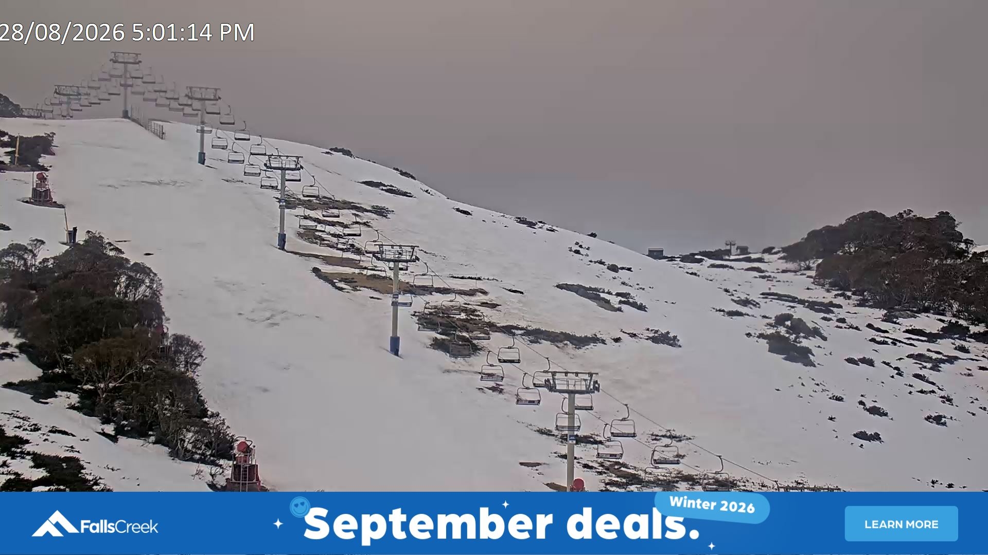 Falls Creek Scott Chair (Top) snow cam captured at 28 August 2026 at 5:13 pm AEST