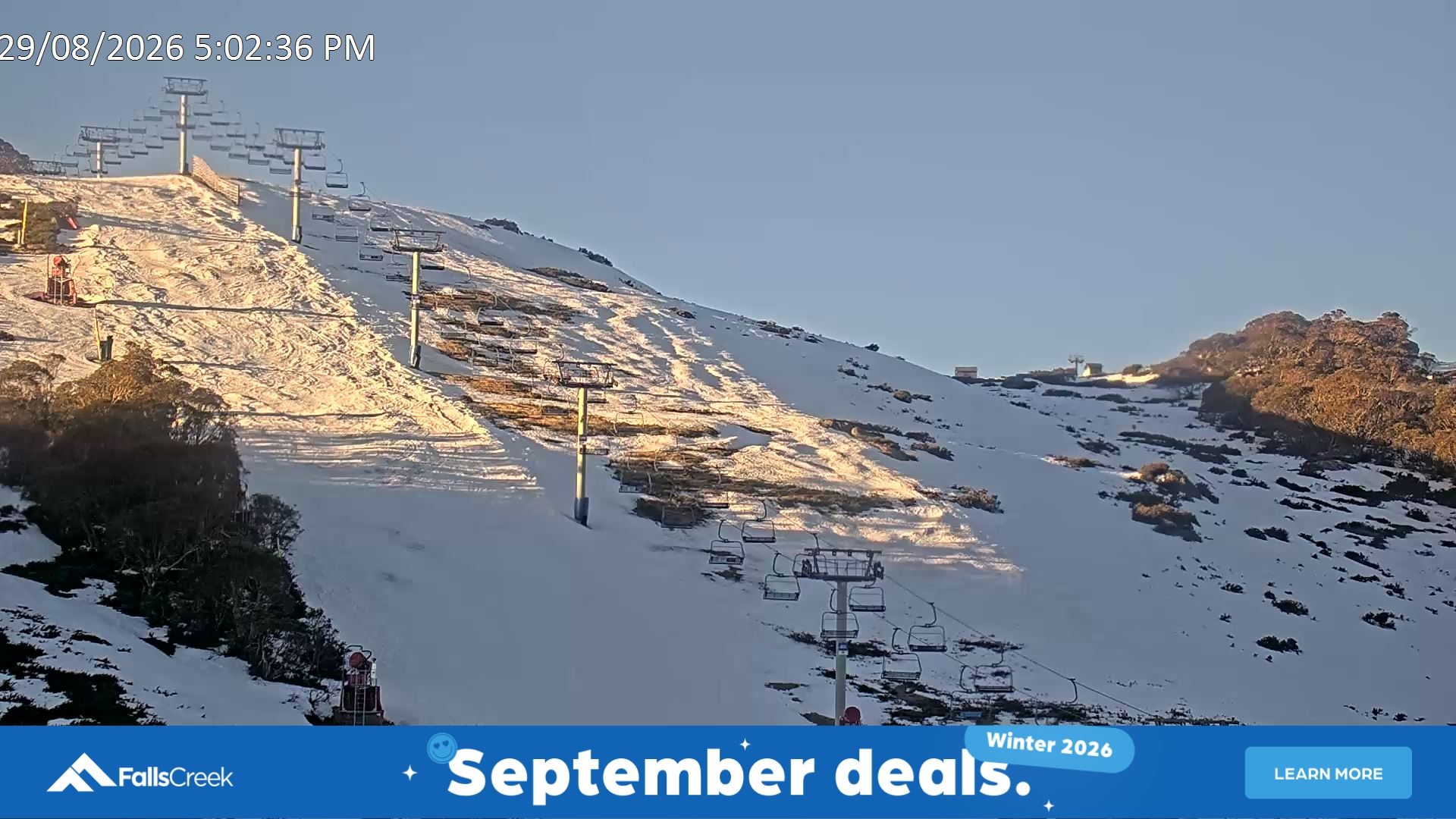 Falls Creek Scott Chair (Top) snow cam captured at 29 August 2026 at 5:14 pm AEST
