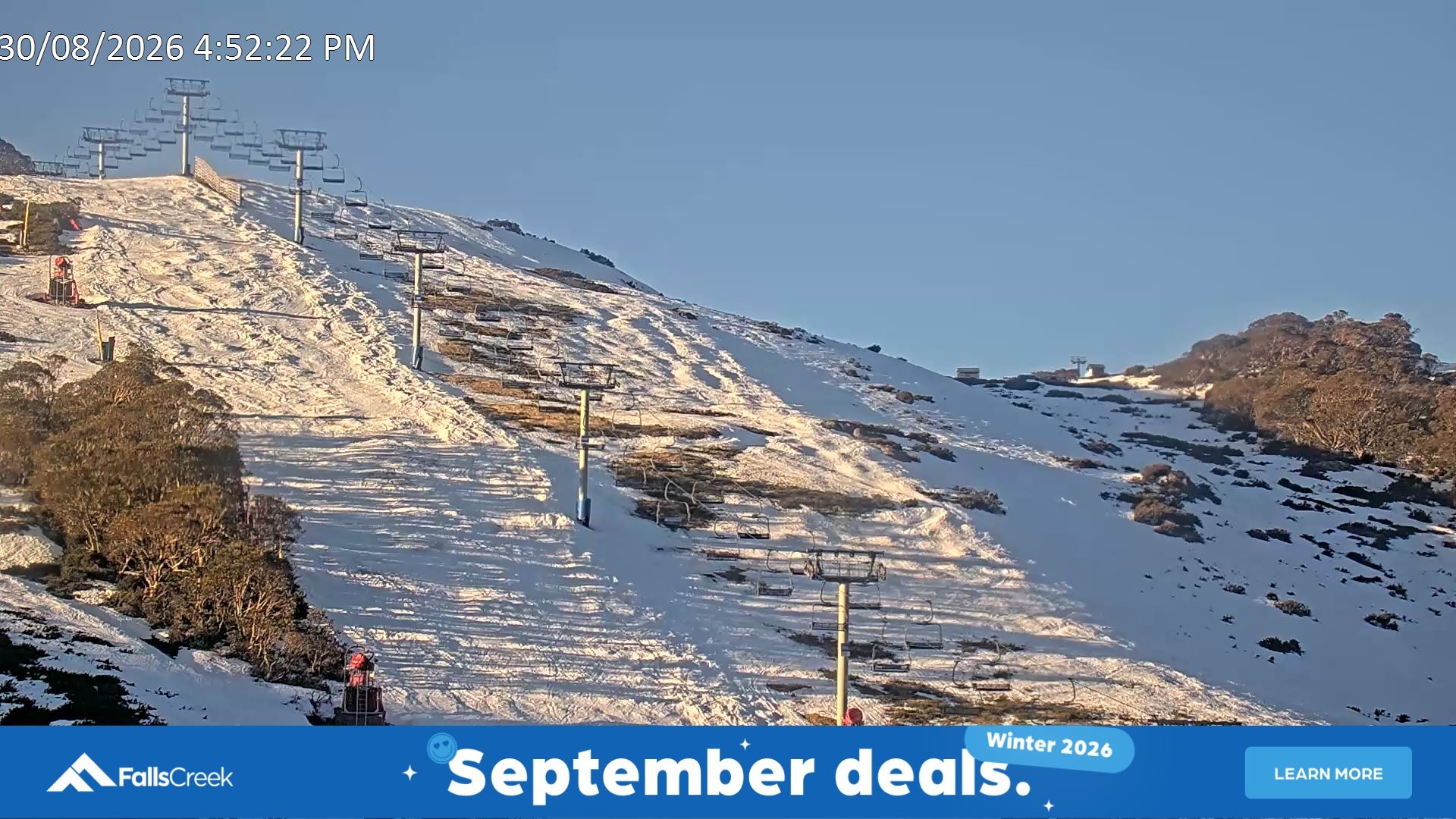Falls Creek Scott Chair (Top) snow cam captured at 30 August 2026 at 5:04 pm AEST