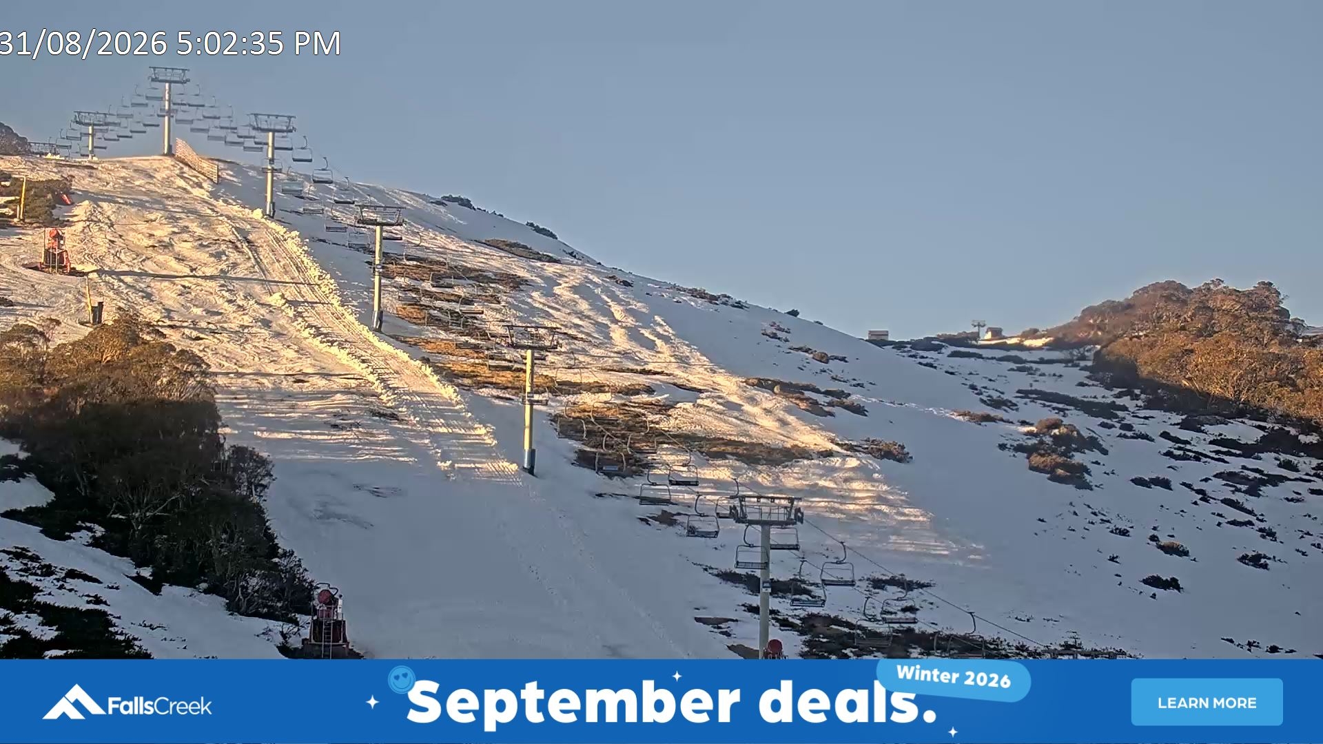 Falls Creek Scott Chair (Top) snow cam captured at 31 August 2026 at 5:16 pm AEST
