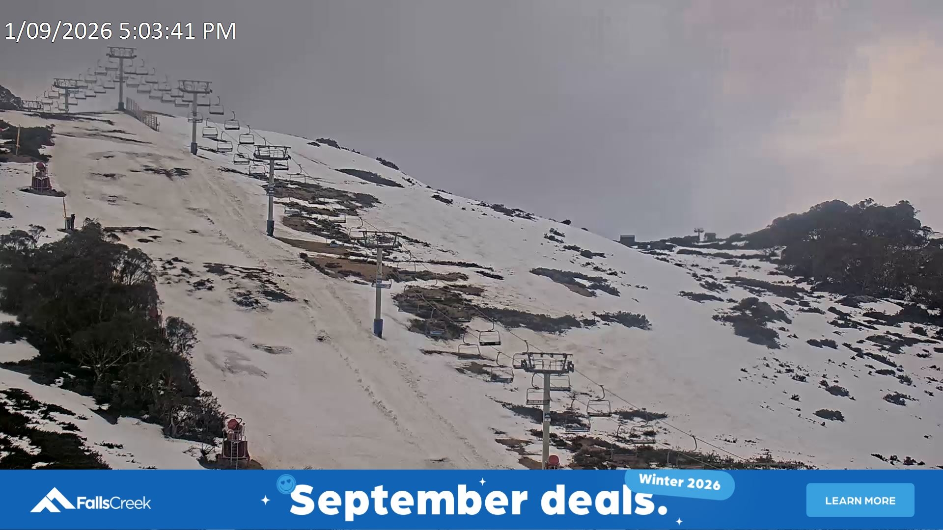 Falls Creek Scott Chair (Top) snow cam captured at 1 September 2026 at 5:41 pm AEST