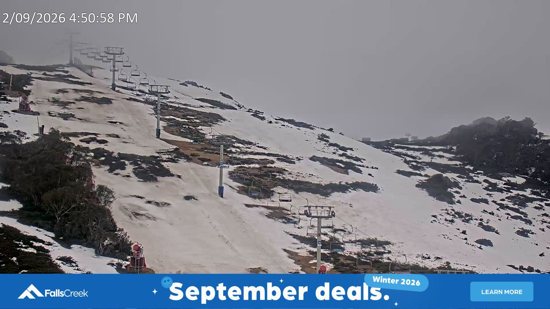 Falls Creek Scott Chair (Top) snow cam captured at 2 September 2026 at 5:08 pm AEST